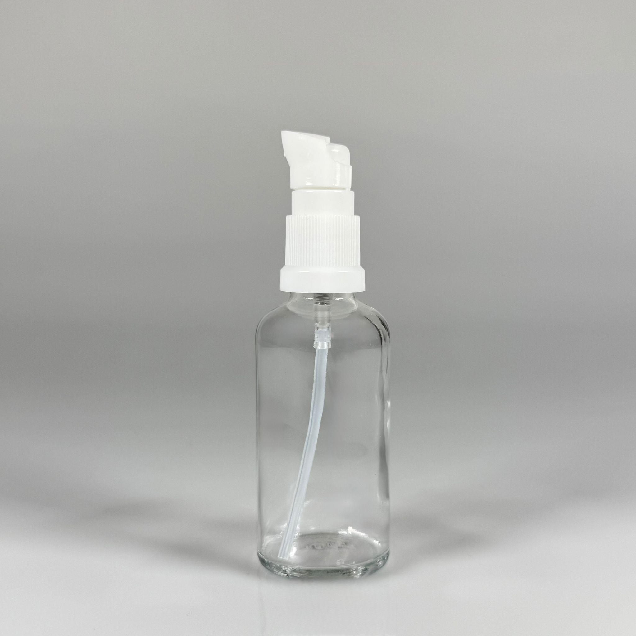 50 CC ŞEFFAF CAM ŞİŞE - SIZDIRMAZ ETEKLİ BEYAZ LOSYON POMPALI TAKIM - 50 ML LOSYON ŞİŞESİ - YAĞ, KREM GİBİ YOĞUN KIVAMLI SIVILAR İÇİN CAM AMBALAJ