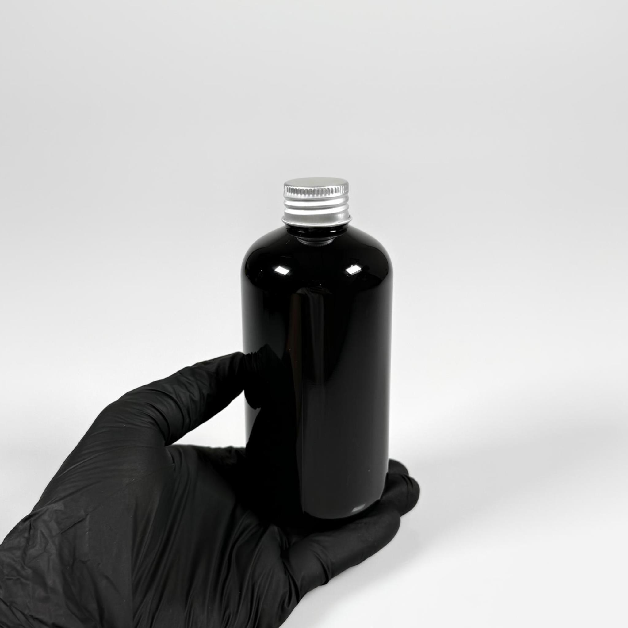 250 CC SİYAH PLASTİK ŞİŞE ZEYNEP MODEL - CONTALI GÜMÜŞ METAL KAPAKLI - 250 ML TOMBUL PET ŞİŞE