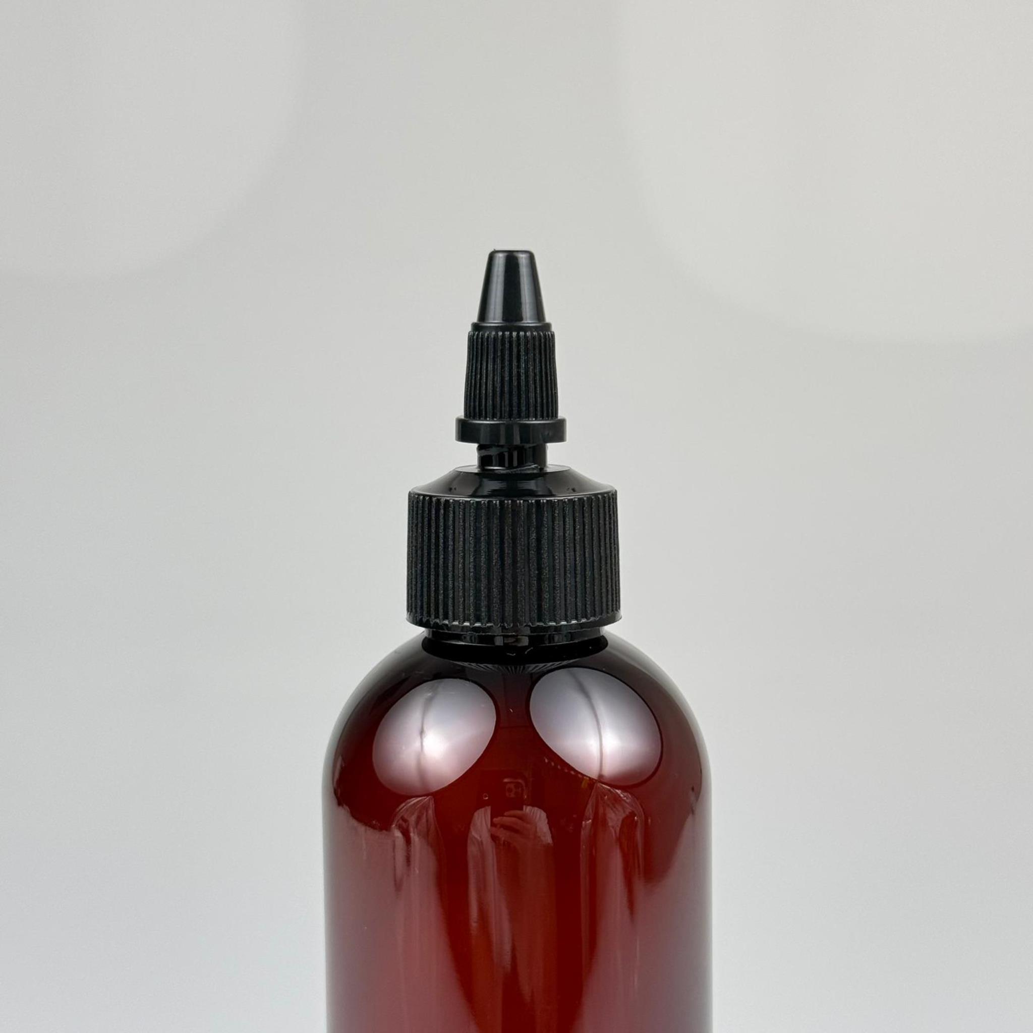 YAĞ, SOS, ACI SOS, SİRKE, SRIRACHA, MÜREKKEP, TUTKAL AKITICI VB BOŞ ŞİŞELERİ - SİYAH SİVRİ TWİST AKITICI KAPAK + 250 ML AMBER SİLİNDİR PET PLASTİK ŞİŞE TAKIM