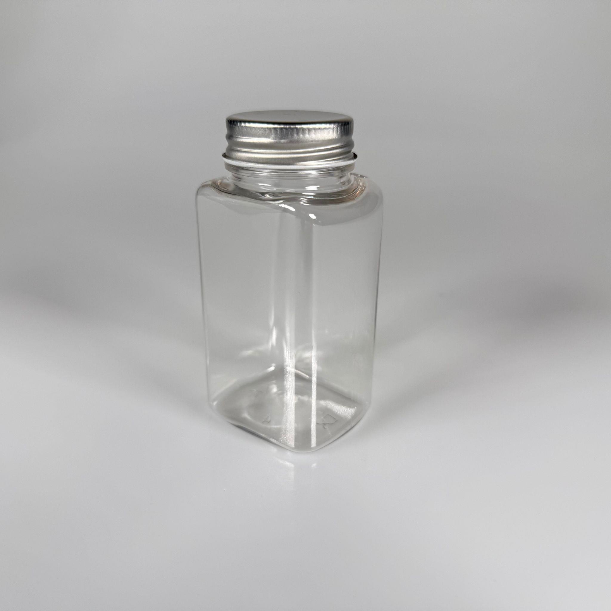 BAHARAT, TOZ, KAHVE, SAHLEP VB MUTFAK DÜZENLEME İÇİN KARE PLASTİK MİNİ KAVANOZLAR - 150 ML -  RAF DÜZENLEYİCİ GIDAYA UYGUN KÖŞELİ GÜMÜŞ METAL KAPAKLI PET KAVANOZLARI