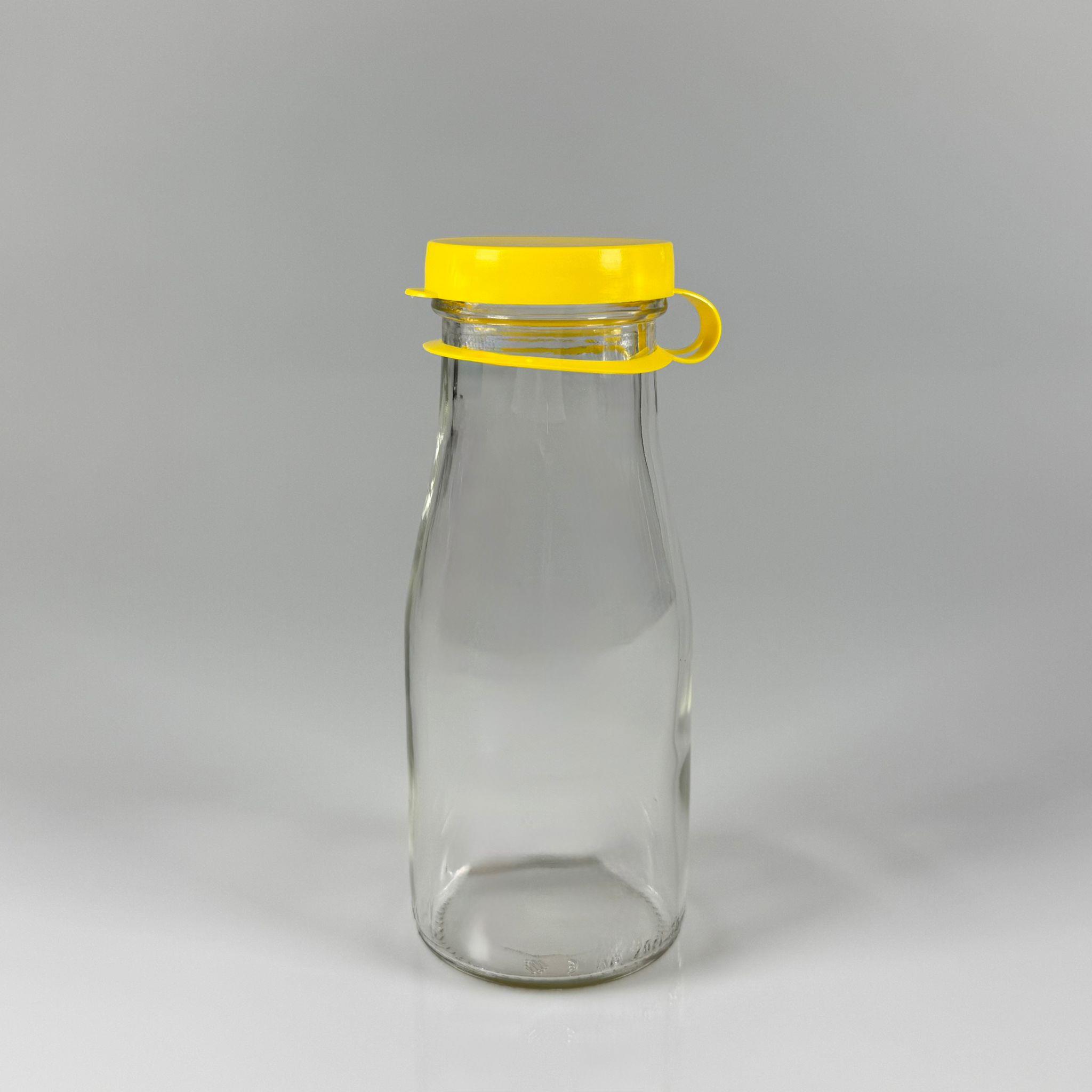 NOSTALJİ ESKİ TİP CAM AYRAN ŞİŞESİ - SÜT, LİMONATA, ŞIRA. ŞERBET. MEYVE SUYU, EV YAPIMI MEŞRUBAT, SMOOTHIE, KOKTEYL VB KAFETERYA, RESTORAN, EV KULLANIMI VB İÇİN - SARI GEÇME KAPAKLI 200 CC BOŞ CAM ŞİŞELERİ