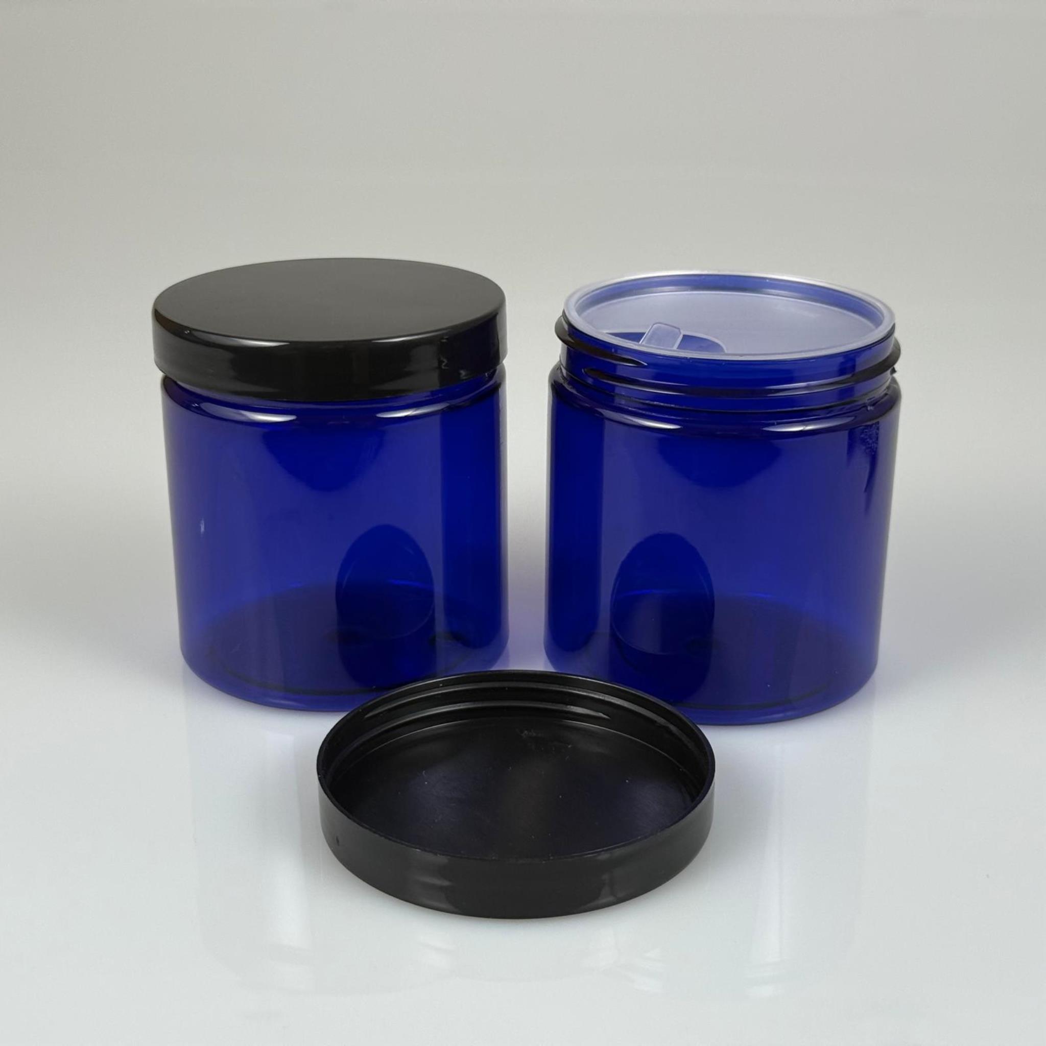 250 ML SERT PET KAVANOZ + SİYAH PLASTİK KAPAK + İÇ TIPA - 250 CC KALIN MAVİ PLASTİK KAVANOZ SİYAH PLASTİK KAPAKLI İÇ TIPALI TAKIM - KREM KAVANOZLARI