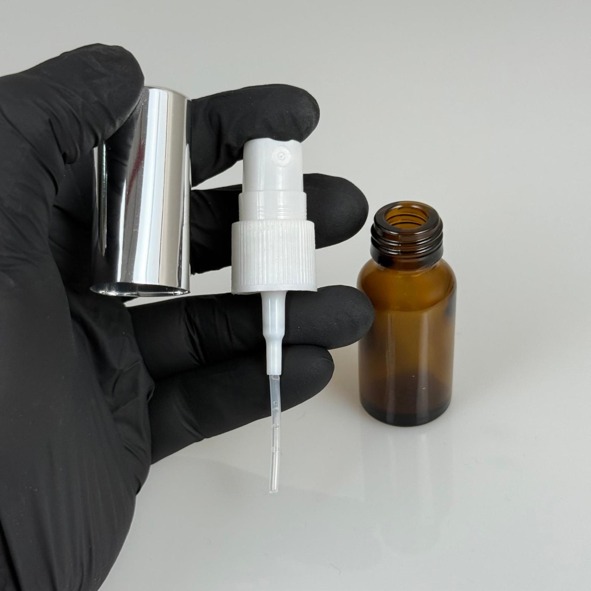 10 ML CAM KOLONYA, PARFÜM VB ŞİŞELERİ - METAL ALÜMİNYUM GÜMÜŞ KAPAK + VİDALI SPREY + 10 CC AMBER CAM ŞİŞE SET TAKIM