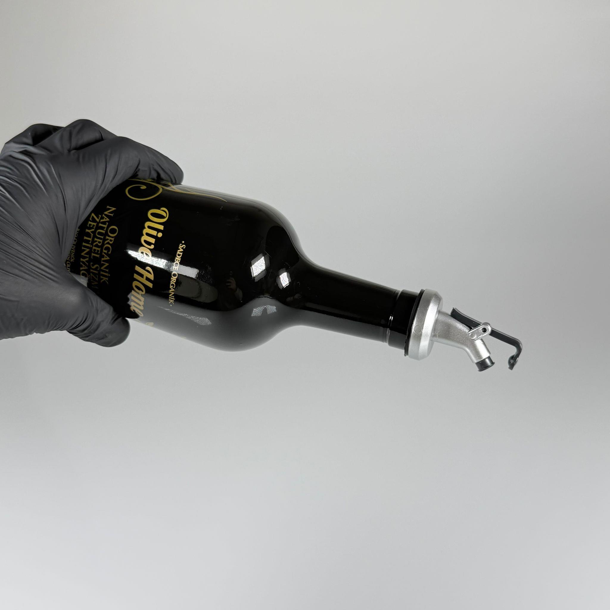 500 CC SİYAH OLİVE YAZI CAM ZEYTİNYAĞ ŞİŞESİ - GRİ YAĞDANLIK TIPALI - 500 ML YAĞDANLIK BASKILI CAM ŞİŞE