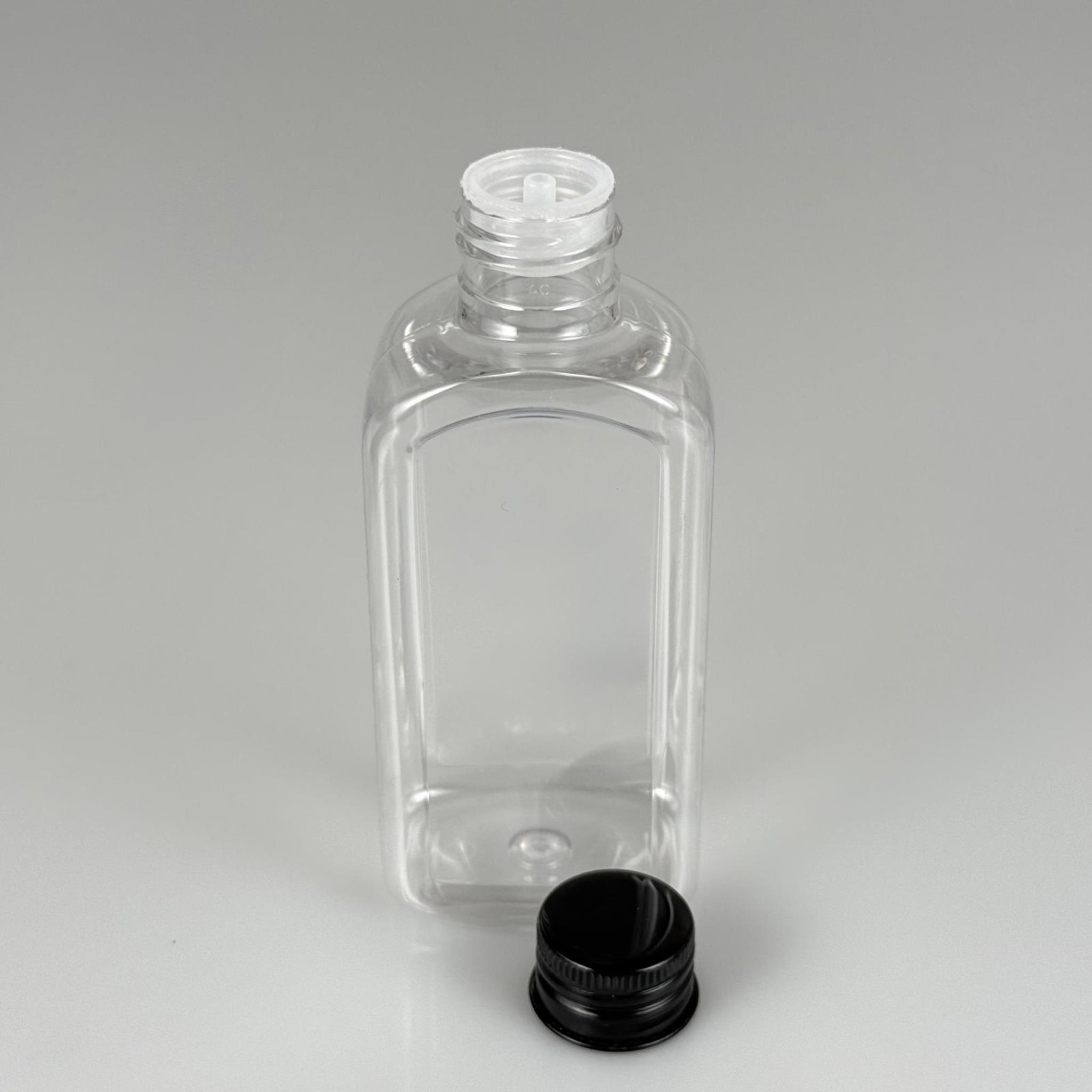 140 CC YASSI KÖŞELİ MODEL ŞEFFAF PET ŞİŞE (24 AĞIZ) + KÖPÜK CONTALI SİYAH METAL ALÜMİNYUM KAPAK + KOLONYA TIPALI TAKIM - 140 ML KAPAKLI PLASTİK ŞİŞELER
