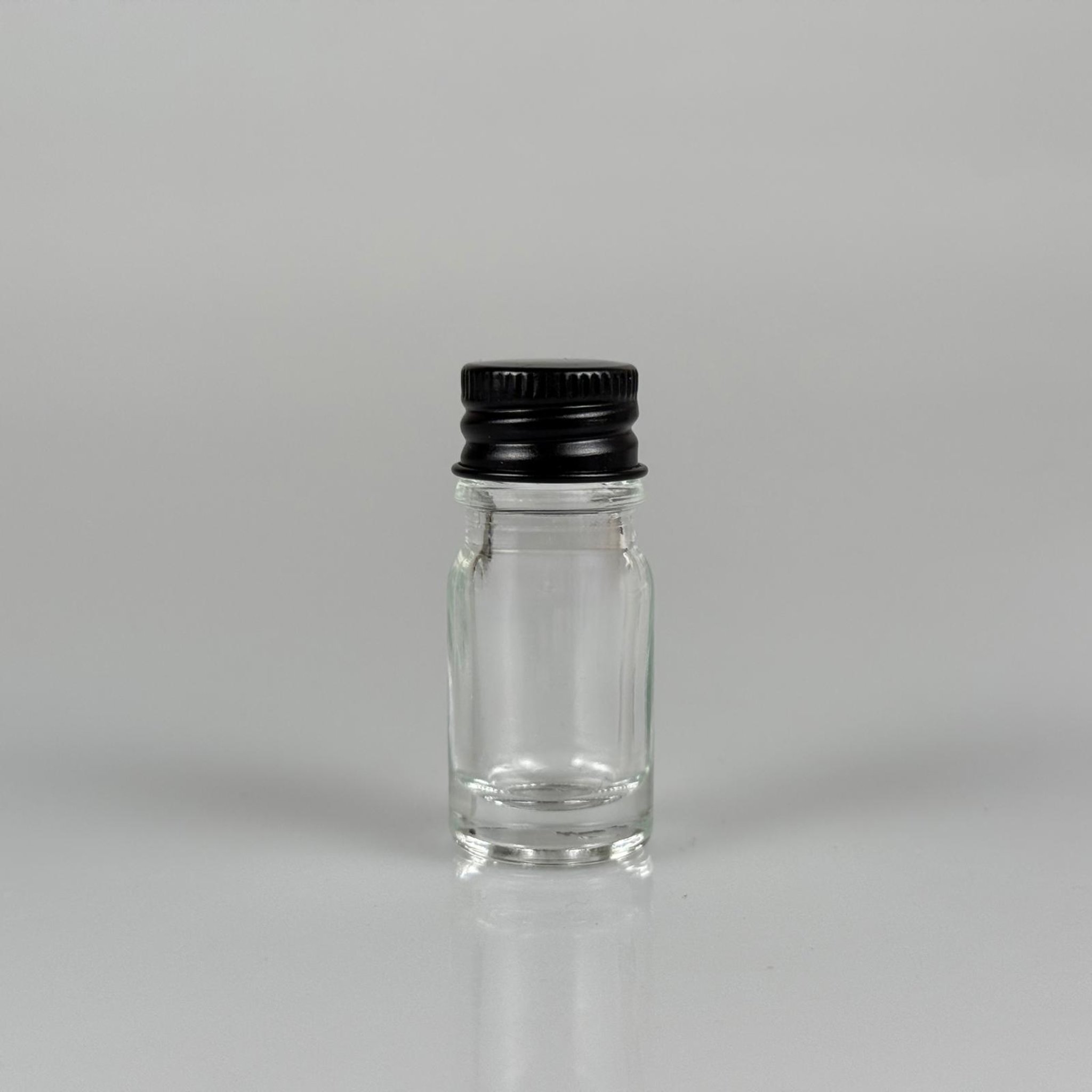 5 CC ŞEFFAF CAM ŞİŞE + KÖPÜK CONTALI SİYAH ALÜMİNYUM METAL KAPAKLI TAKIM - 5 ML ŞEFFAF CAM ŞİŞE