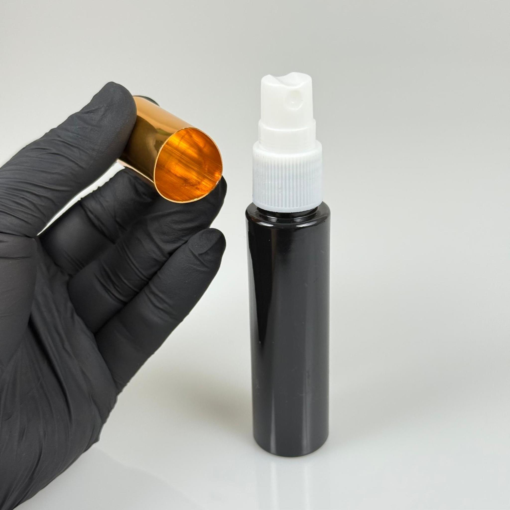 35 ML PET KOLONYA, PARFÜM VB ŞİŞELERİ - METAL ALÜMİNYUM GOLD KAPAK + VİDALI SPREY + 35 CC SİYAH ŞİŞE SET TAKIM