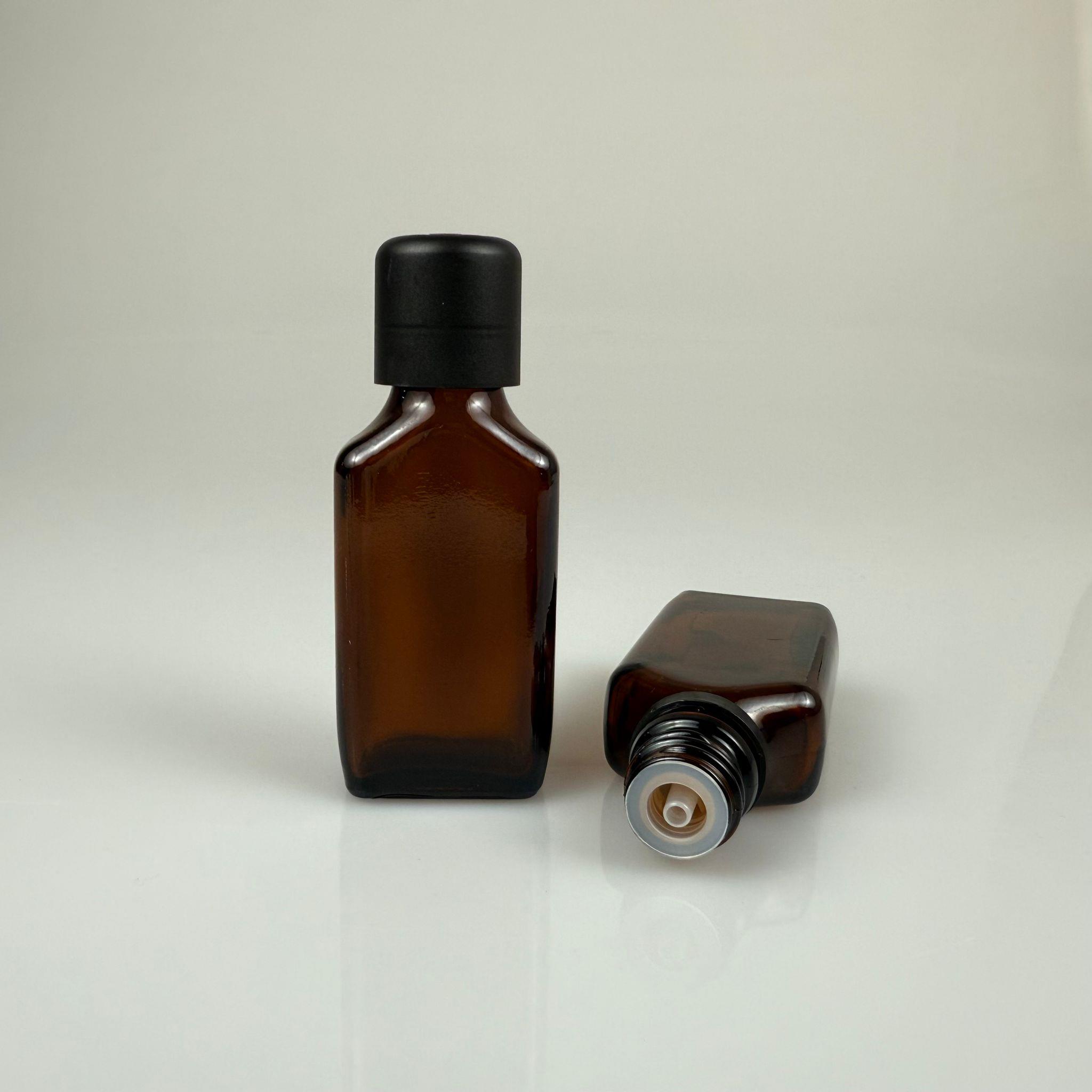 30 CC AMBER YASSI CAM ŞİŞE + İÇTEN DAMLALIKLI ÇOCUK KİLİTLİ SİYAH KAPAK - KAHVERENGİ 30 ML KİLİT KAPAKLI DAMLATMALI ŞİŞE