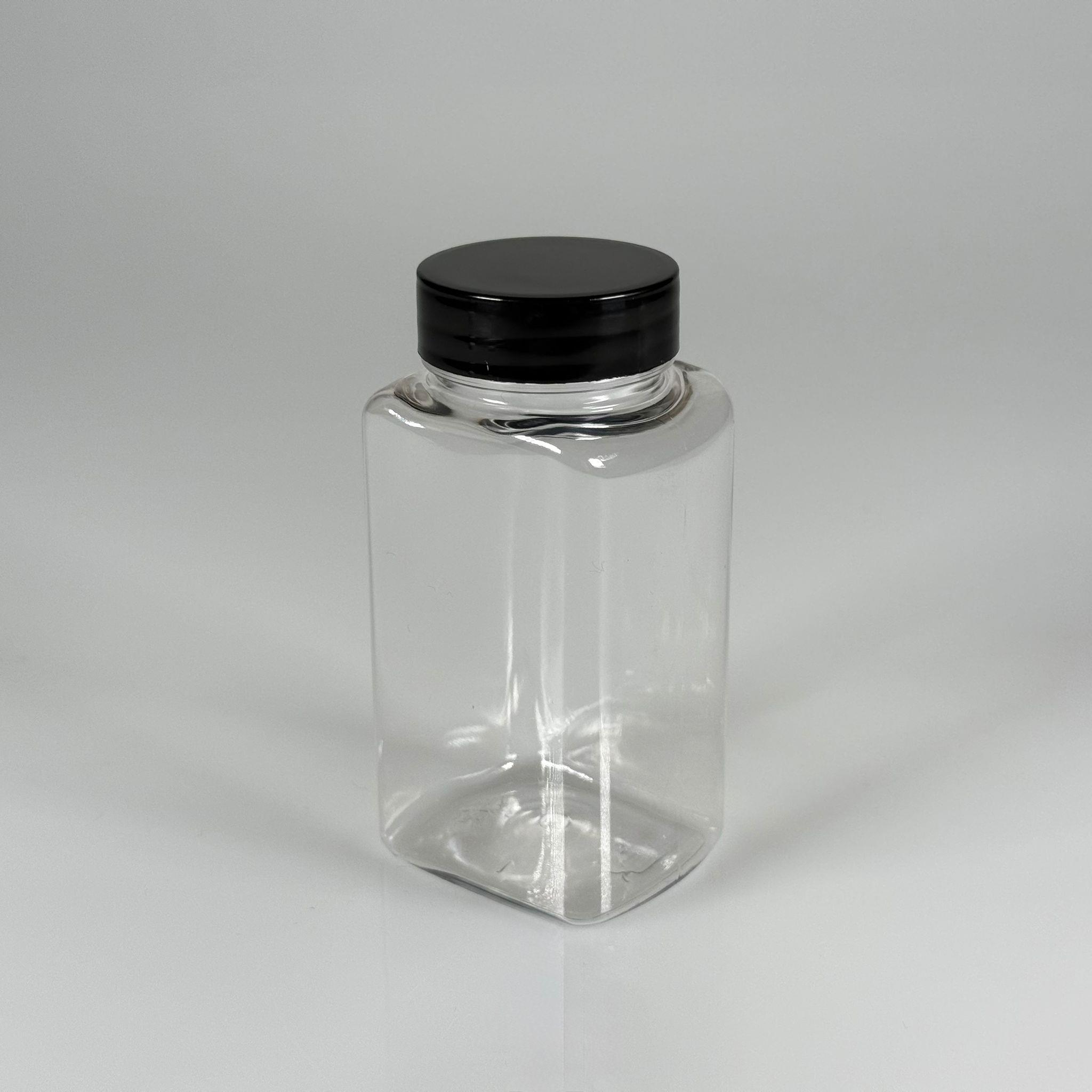 BAHARAT, TOZ, KAHVE, SAHLEP VB MUTFAK DÜZENLEME İÇİN KARE PLASTİK MİNİ KAVANOZLAR - 150 ML -  RAF DÜZENLEYİCİ GIDAYA UYGUN KÖŞELİ SİYAH KAPAKLI PET KAVANOZLARI