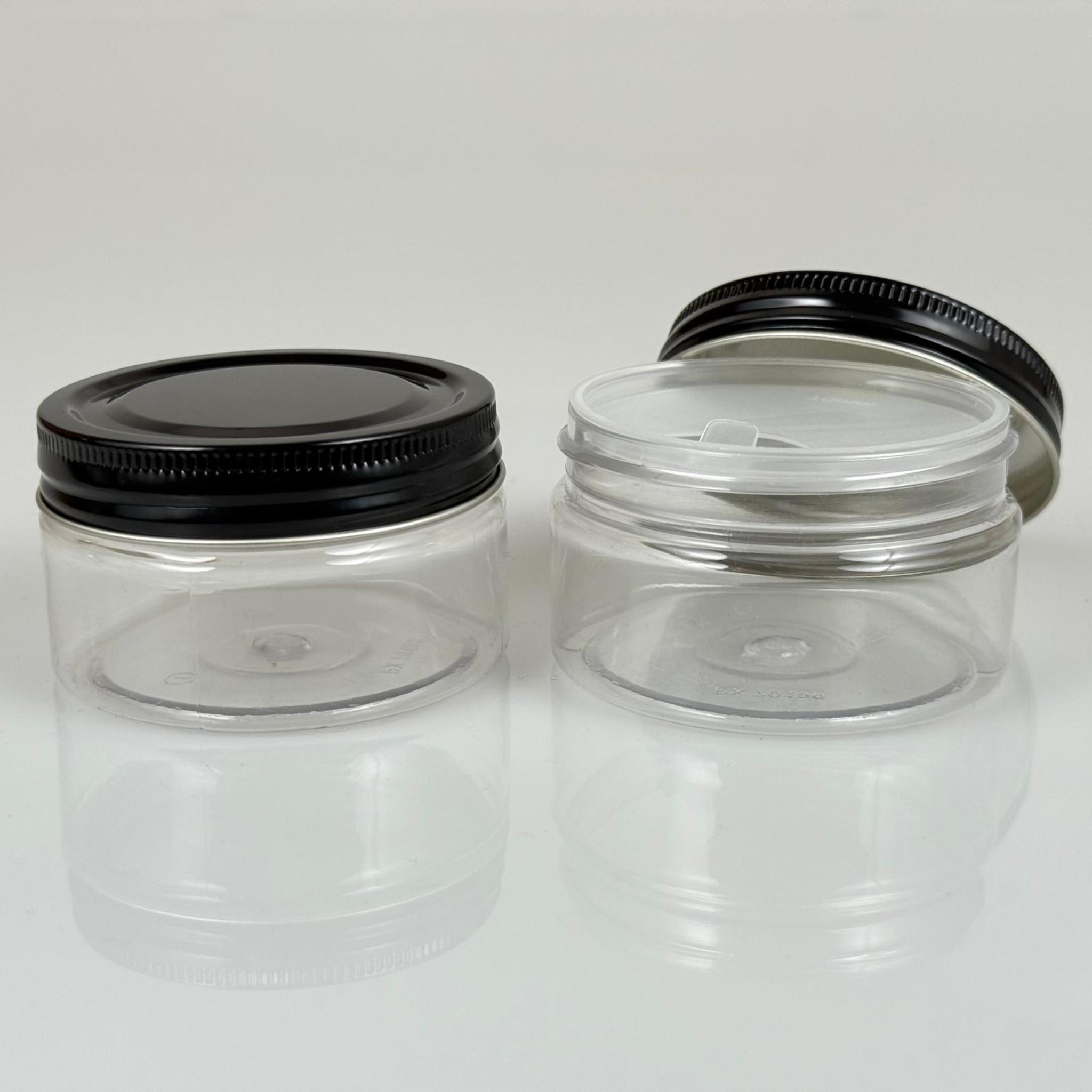 100 ML SERT PET KAVANOZ + SİYAH METAL KAPAK + İÇ TIPA - 100 CC KALIN ŞEFFAF PLASTİK KAVANOZ SİYAH METAL KAPAKLI İÇ TIPALI TAKIM - KREM KAVANOZLARI