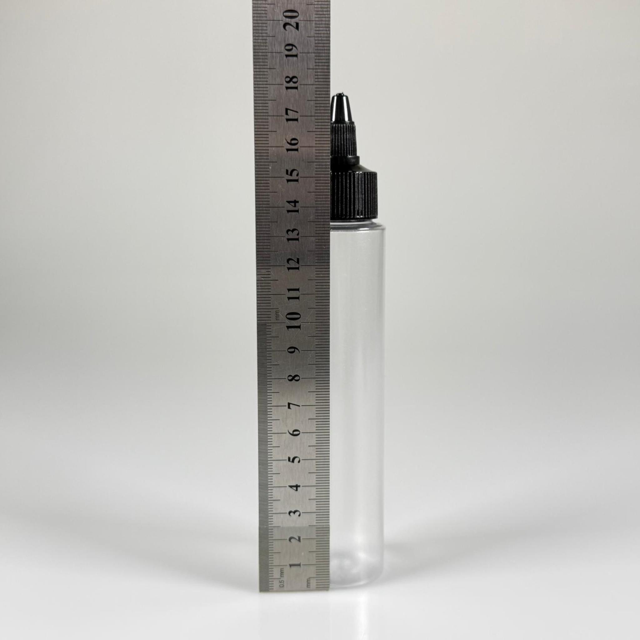 100 CC UZUN SİLİNDİR BUĞULU PET ŞİŞE (24 GR)  - SİYAH TWİST SİVRİ ASANSÖR AKITICI KAPAKLI - 100 ML BİBERİYE SUYU, LAVANTA YAĞI, SAÇ SERUM, TONİK VB İÇİN PLASTİK KOZMETİK AMBALAJLARI