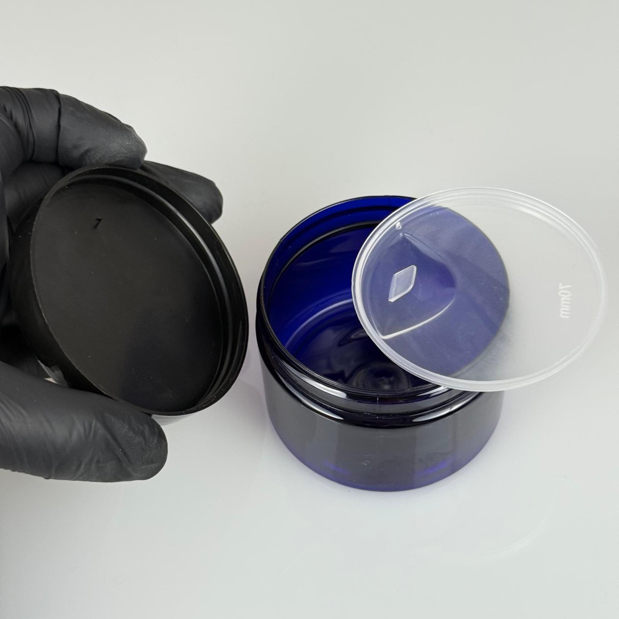 150 ML SERT PET KAVANOZ + SİYAH PLASTİK KAPAK + İÇ TIPA - 150 CC KALIN MAVİ PLASTİK KAVANOZ SİYAH PLASTİK KAPAKLI İÇ TIPALI TAKIM - KREM KAVANOZLARI