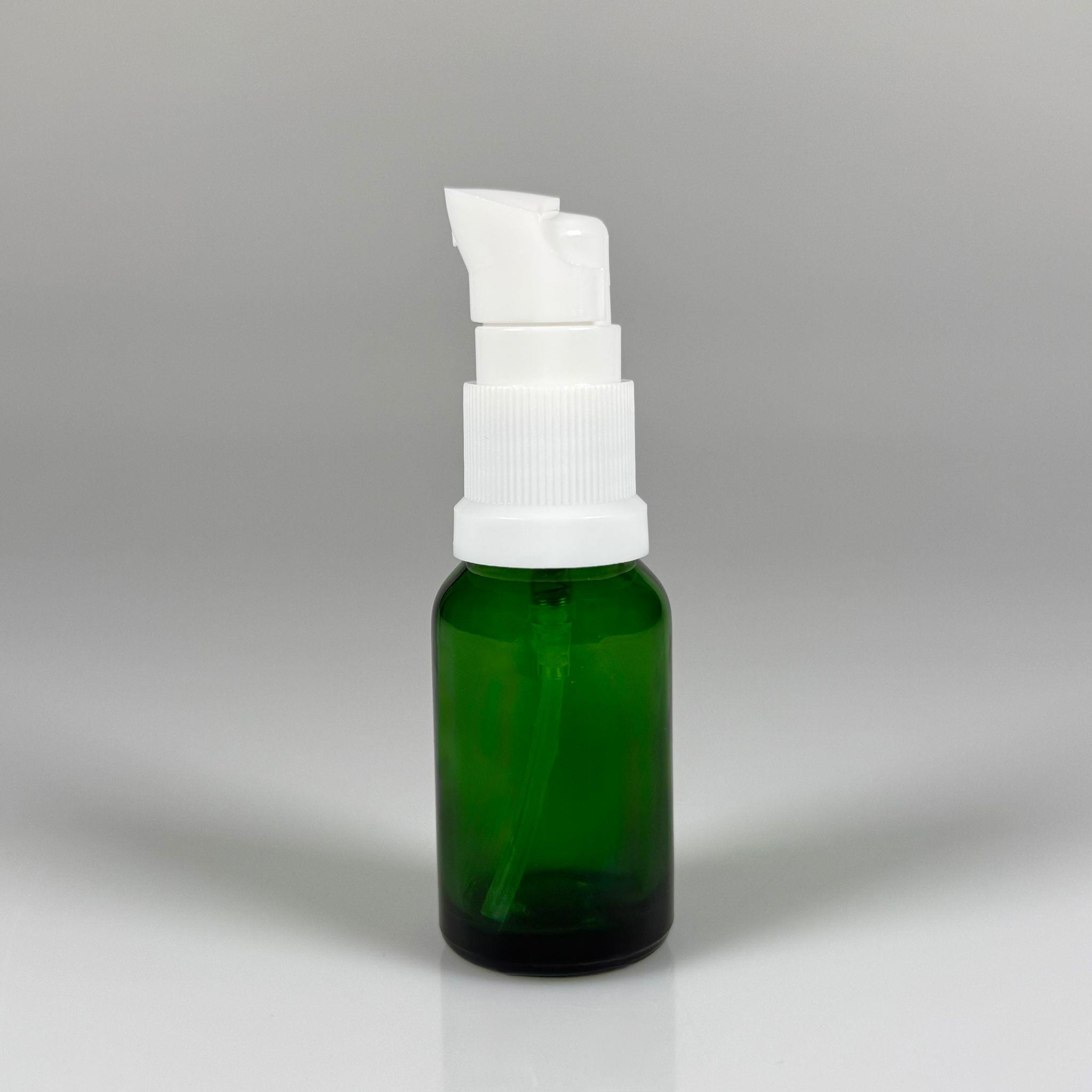 15 CC YEŞİL CAM ŞİŞE - SIZDIRMAZ ETEKLİ BEYAZ LOSYON POMPALI TAKIM - 15 ML LOSYON ŞİŞESİ - YAĞ, KREM GİBİ YOĞUN KIVAMLI SIVILAR İÇİN CAM AMBALAJ