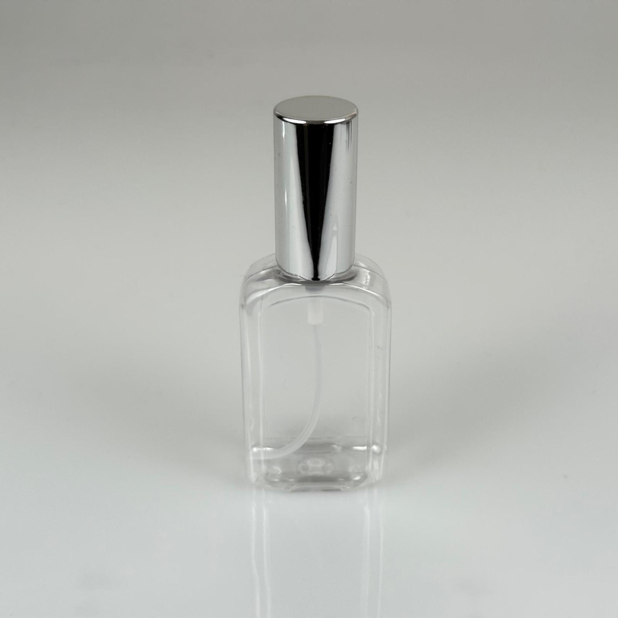50 ML PET KOLONYA, PARFÜM VB ŞİŞELERİ - METAL ALÜMİNYUM GÜMÜŞ KAPAK + VİDALI SPREY + 50 CC KÖŞELİ YASSI ŞİŞE SET TAKIM
