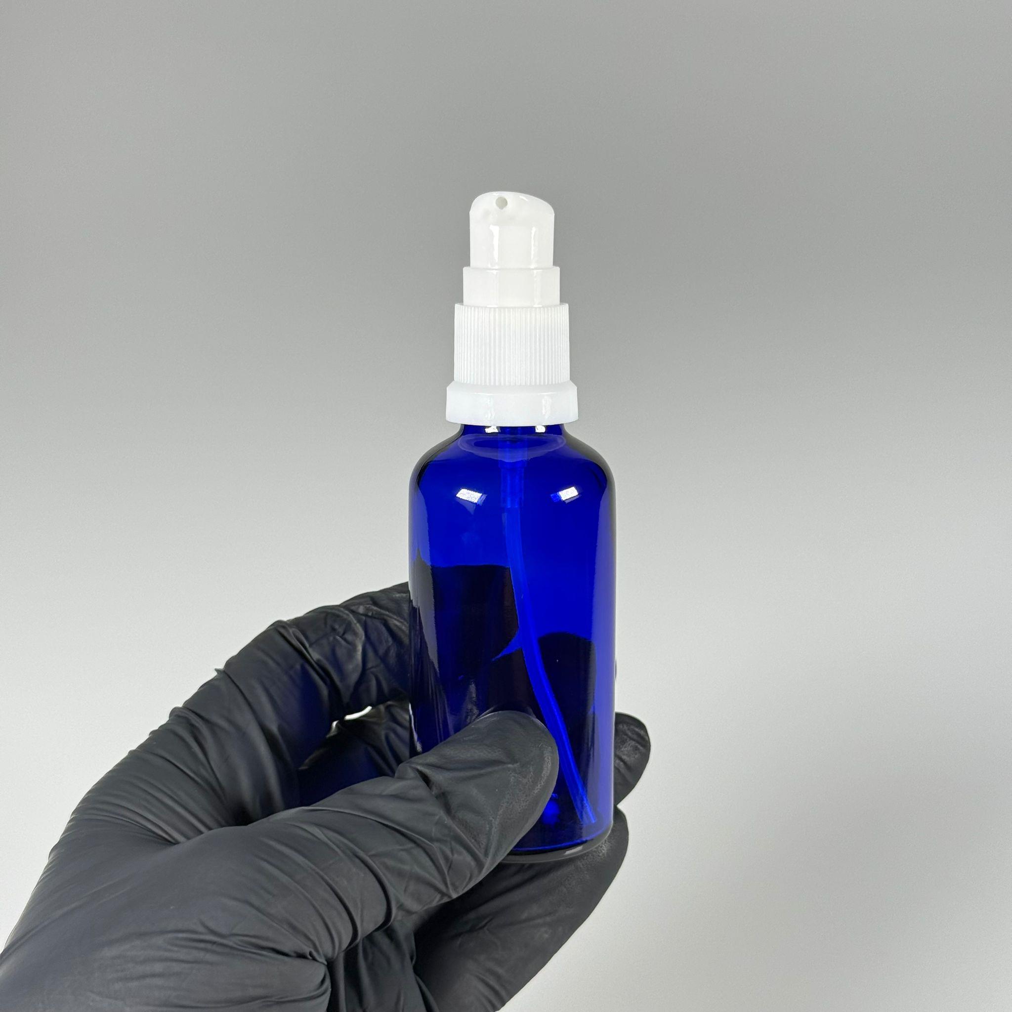 50 CC MAVİ CAM ŞİŞE - SIZDIRMAZ ETEKLİ BEYAZ LOSYON POMPALI TAKIM - 50 ML LOSYON ŞİŞESİ - YAĞ, KREM GİBİ YOĞUN KIVAMLI SIVILAR İÇİN CAM AMBALAJ