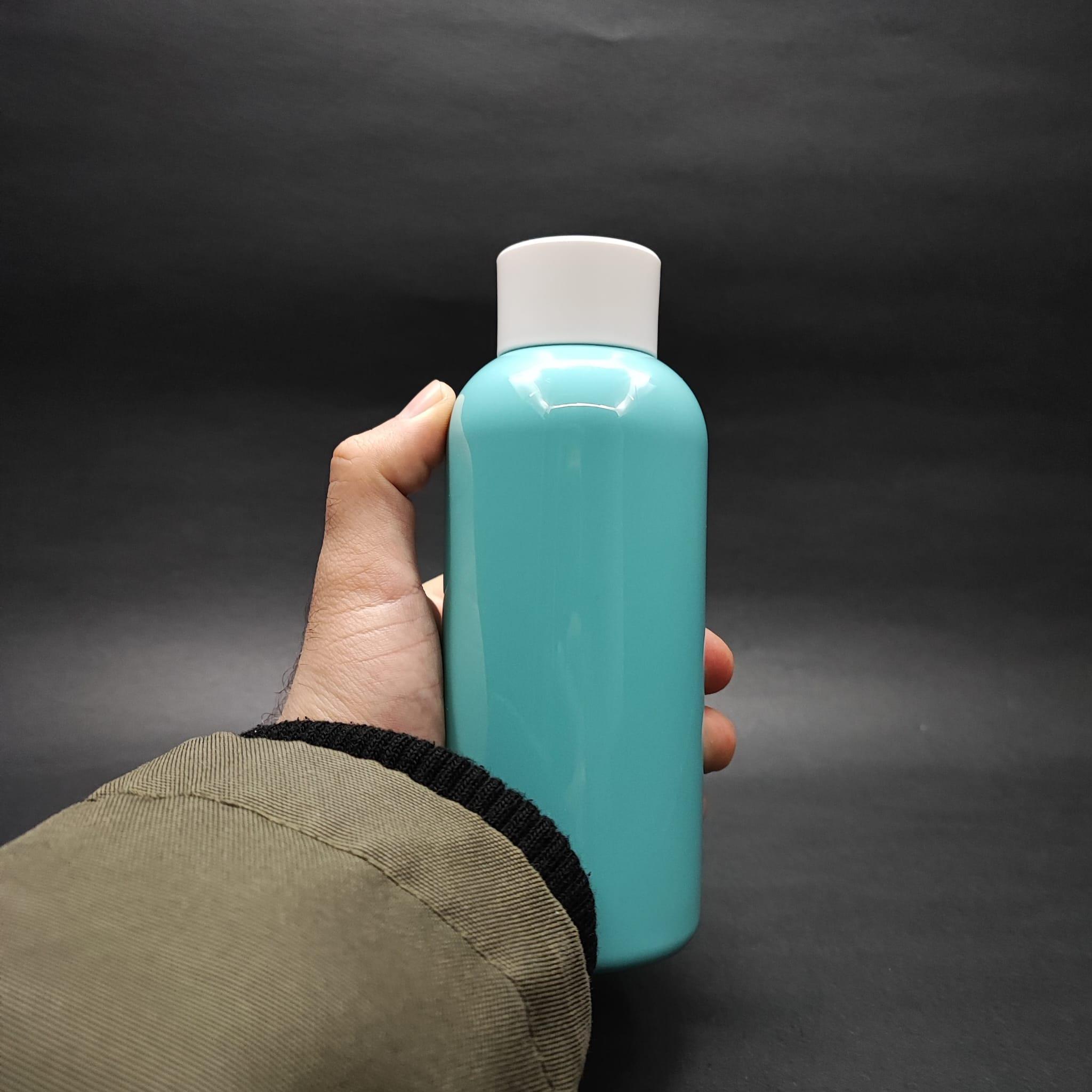 400 CC OVAL BOYUNLU UZUN SİLİNDİR PET ŞİŞE (30 GR) - BEYAZ KOLONYA LOSYON KAPAK + TIPA - 400 ML PLASTİK ŞİŞE - TURKUAZ