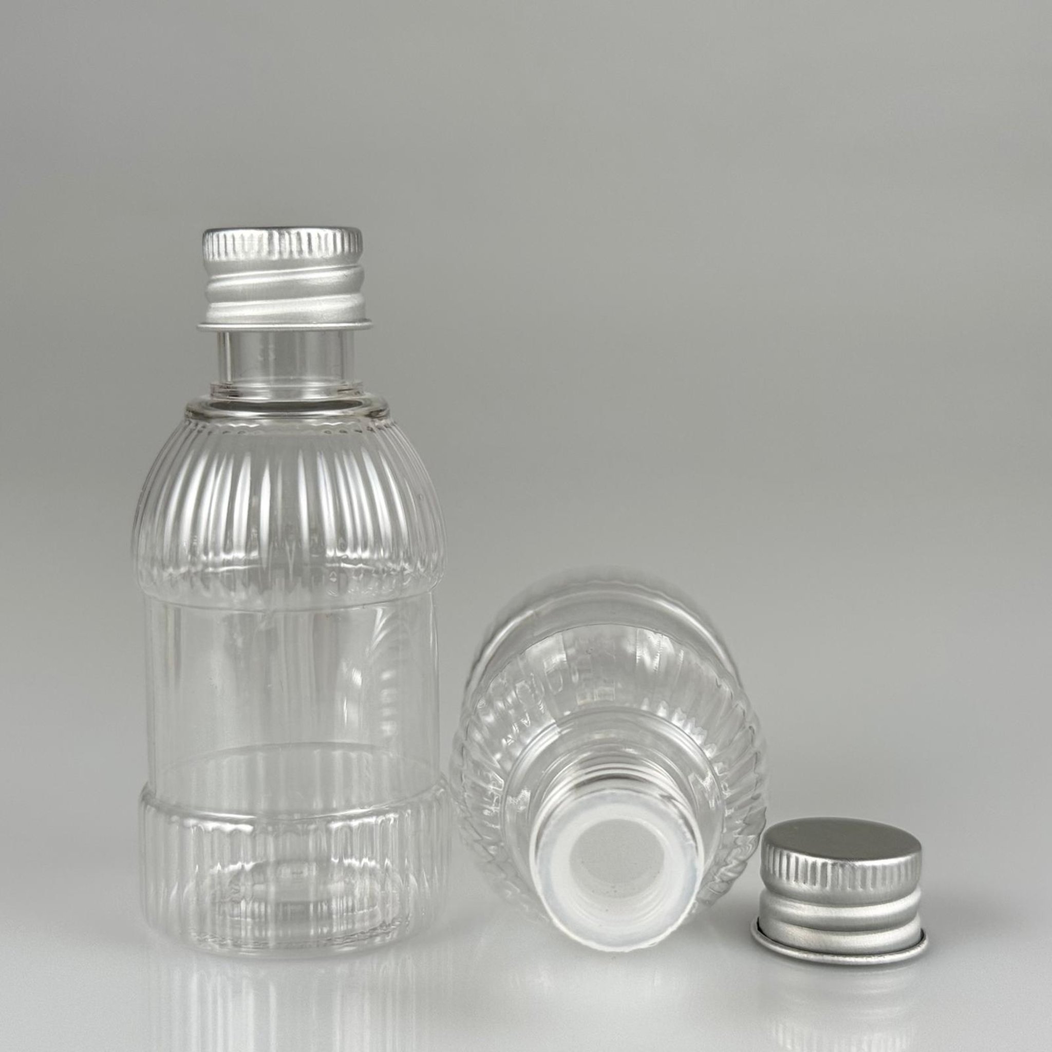 50 CC MANDALİNA MODEL PET ŞİŞE + KÖPÜK CONTALI GÜMÜŞ ALÜMİNYUM METAL KAPAKLI + KÖR TIPALI TAKIM - 50 ML TOMBUL PET ŞİŞE