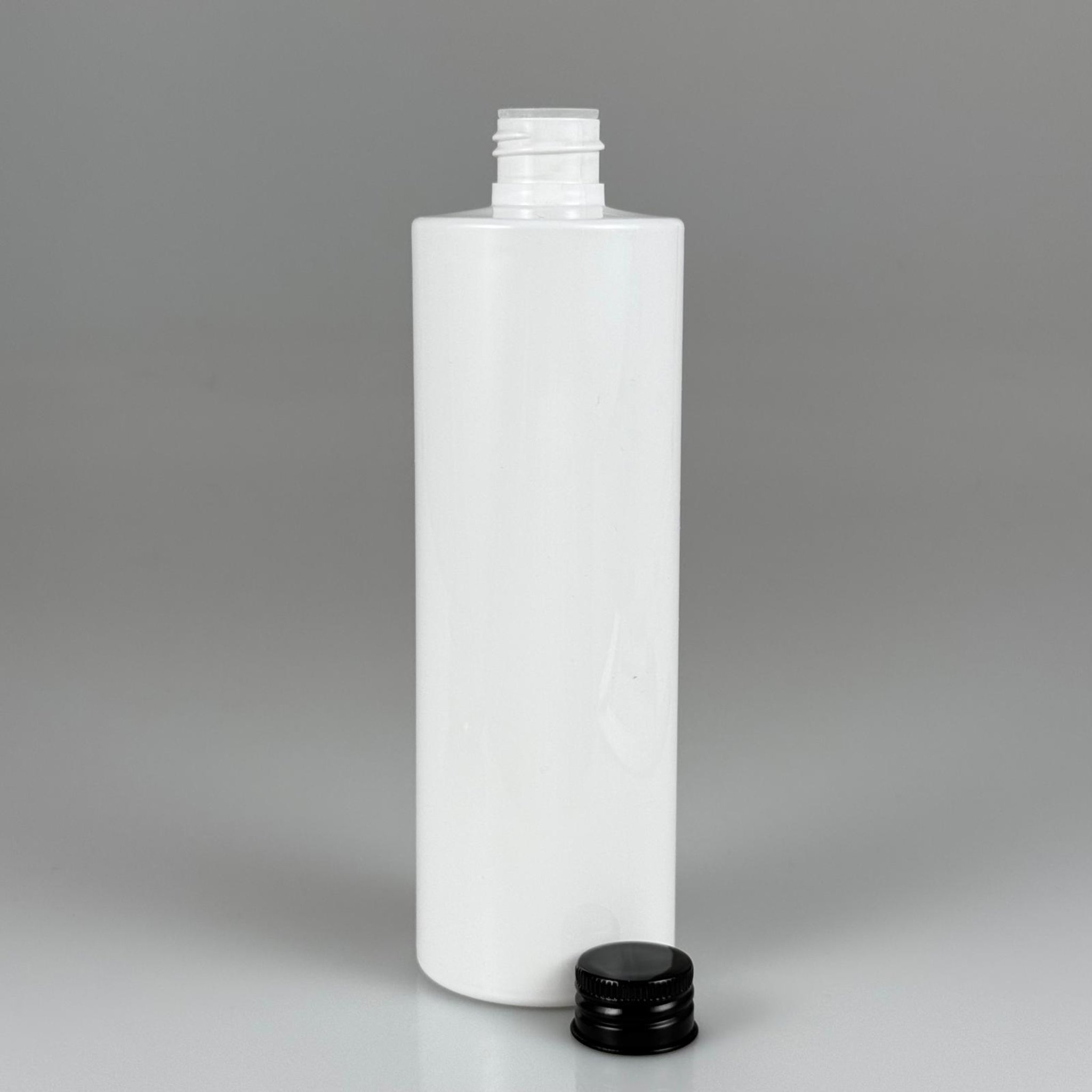 400 CC BEYAZ KÜT BOYUNLU SİLİNDİR PET ŞİŞE (30 GR - 24 AĞIZ ) + KÖPÜK CONTALI SİYAH METAL ALÜMİNYUM KAPAKLI + KOLONYA TIPALI TAKIM - 400 ML  KAPAKLI BEYAZ PLASTİK ŞİŞELER