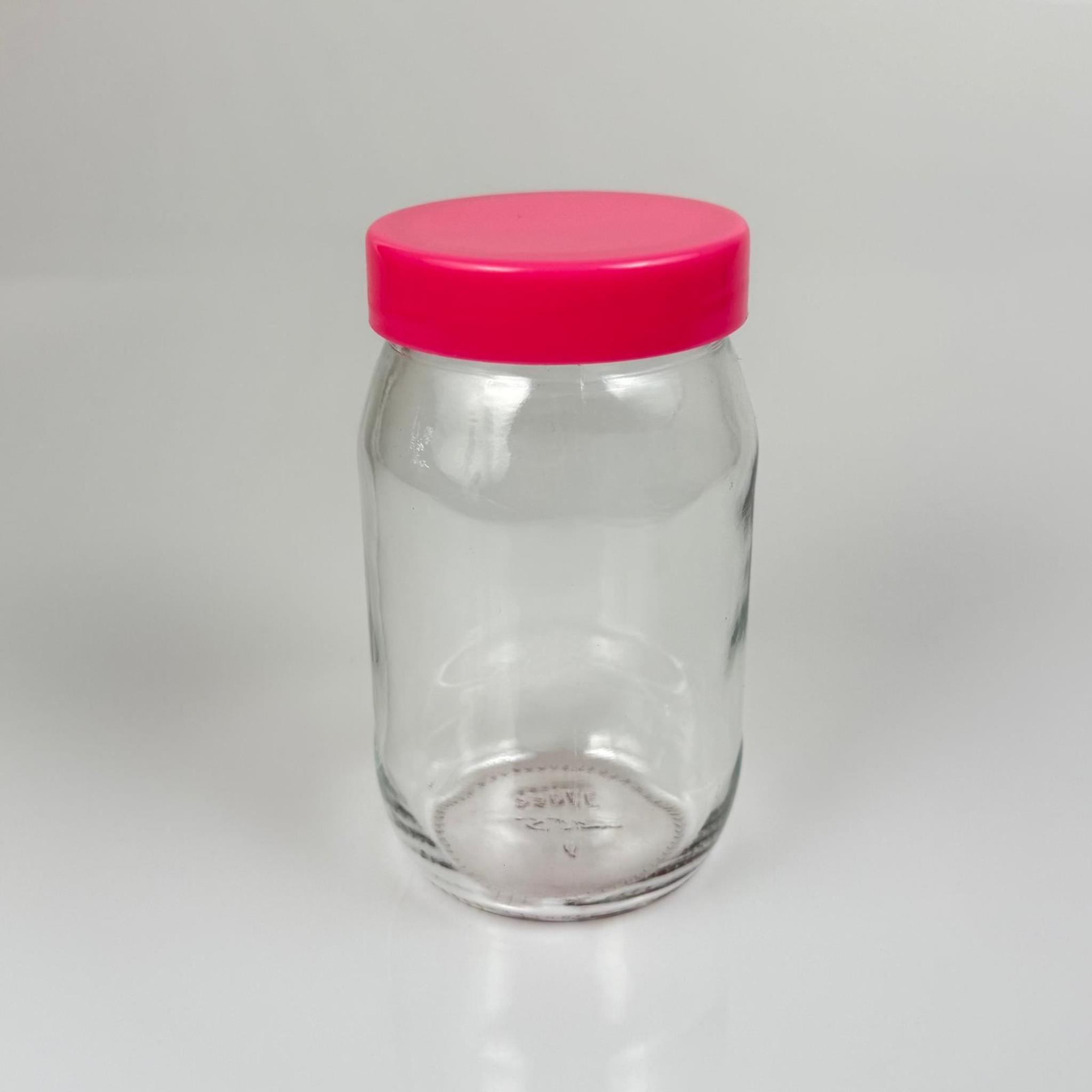 370 CC CAM KAVANOZ + PEMBE PLASTİK KAPAK - 370 ML PLASTİK KAPAKLI CAM KAVANOZ
