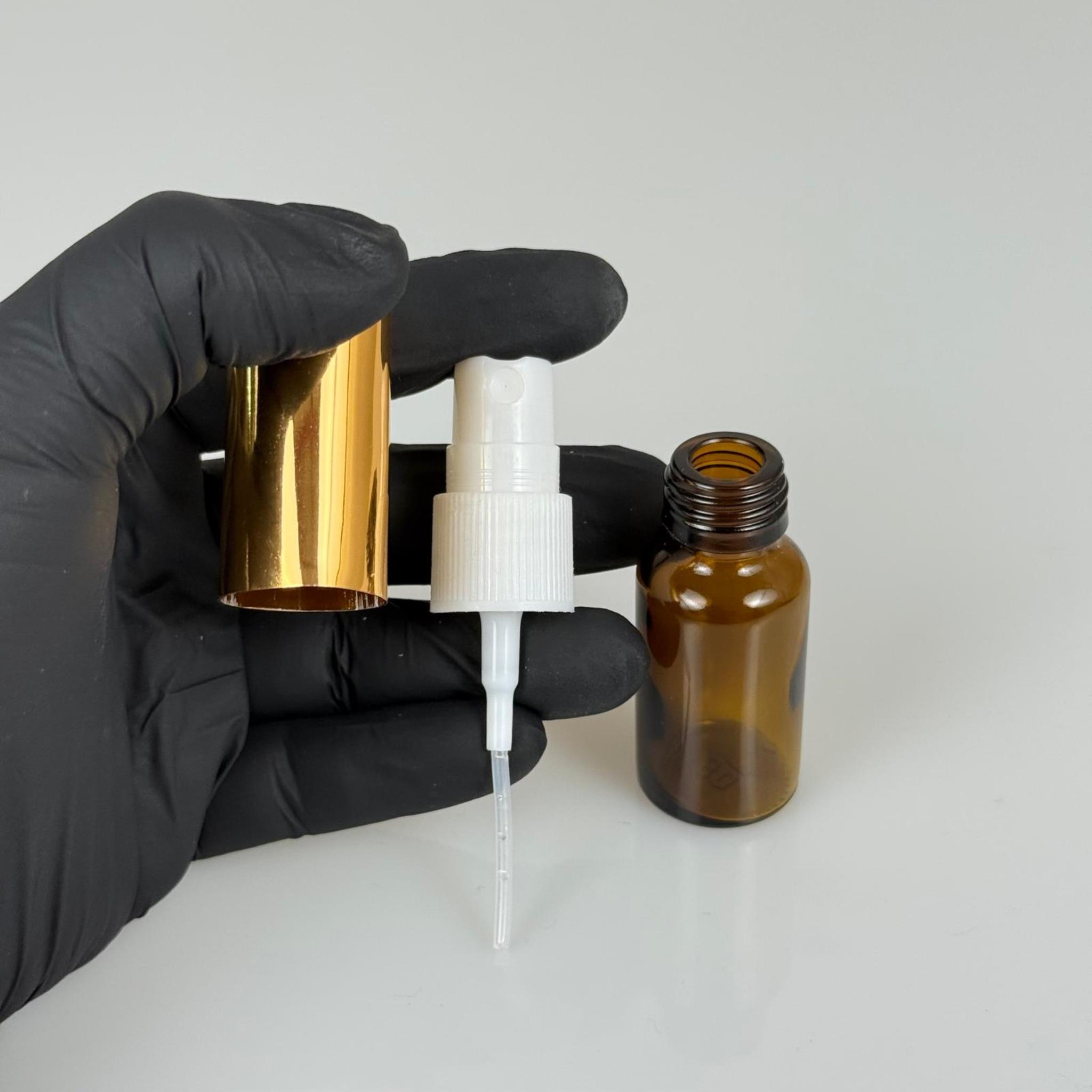 10 ML CAM KOLONYA, PARFÜM VB ŞİŞELERİ - METAL ALÜMİNYUM GOLD KAPAK + VİDALI SPREY + 10 CC AMBER CAM ŞİŞE SET TAKIM