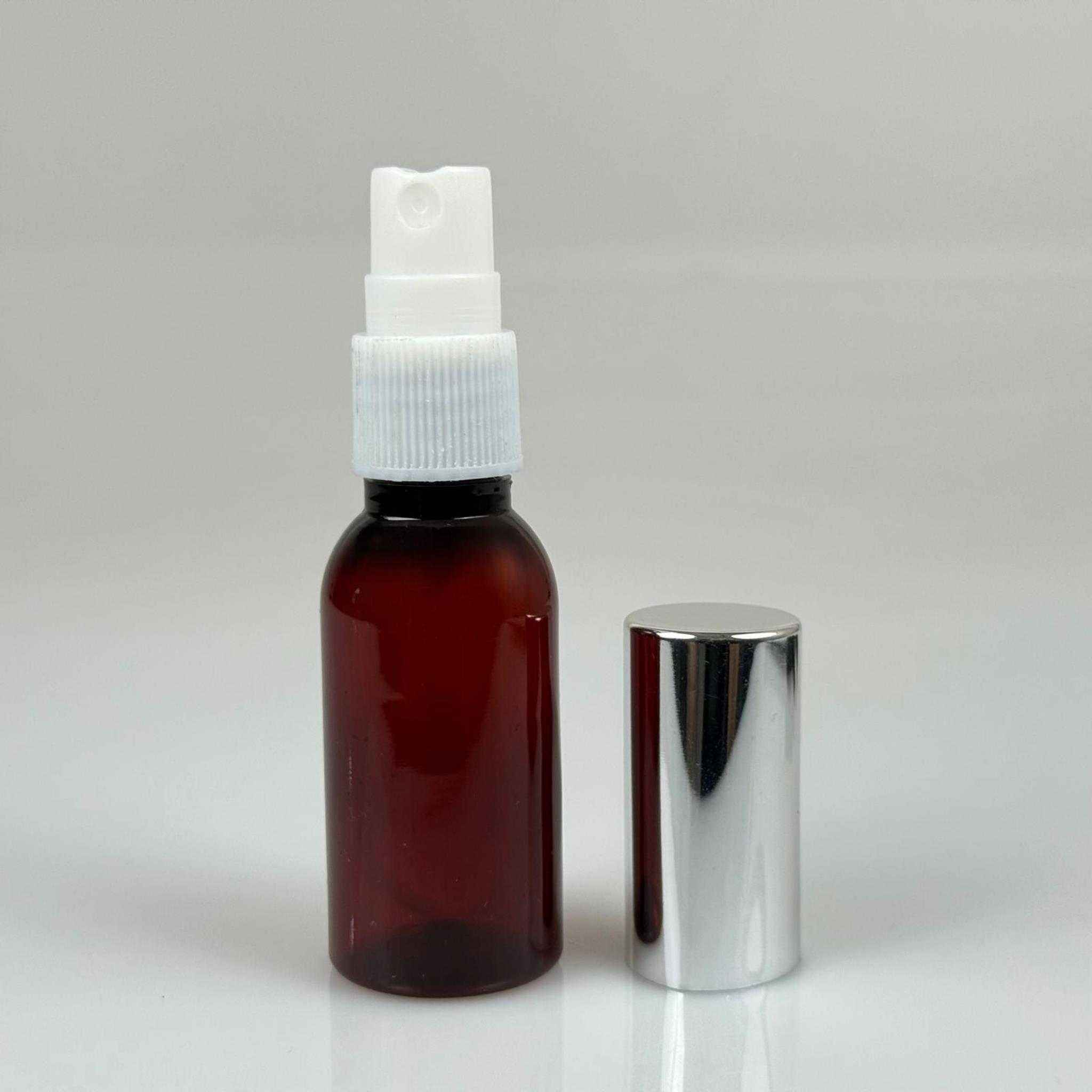 35 ML PET KOLONYA, PARFÜM VB ŞİŞELERİ - METAL ALÜMİNYUM GÜMÜŞ KAPAK + VİDALI SPREY + 35 CC AMBER ŞİŞE SET TAKIM