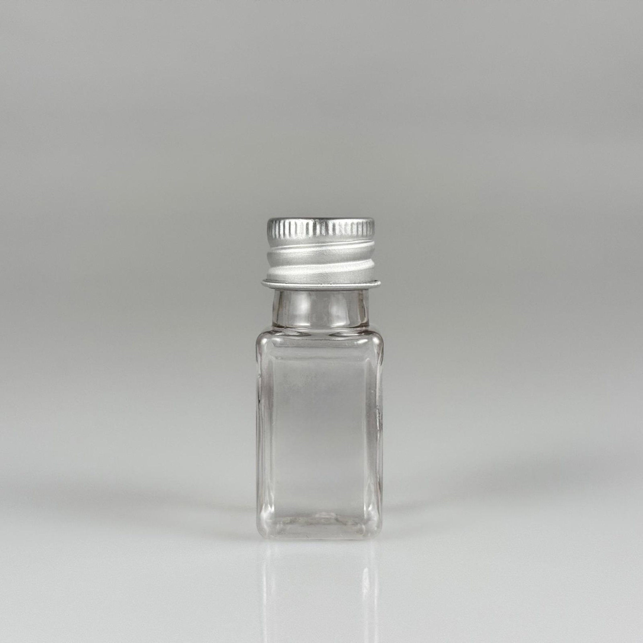 10 CC ŞEFFAF KARE PET SHOT ŞİŞE - KÖPÜK CONTALI GÜMÜŞ ALÜMİNYUM METAL KAPAKLI TAKIM - 10 ML PLASTİK ŞİŞE