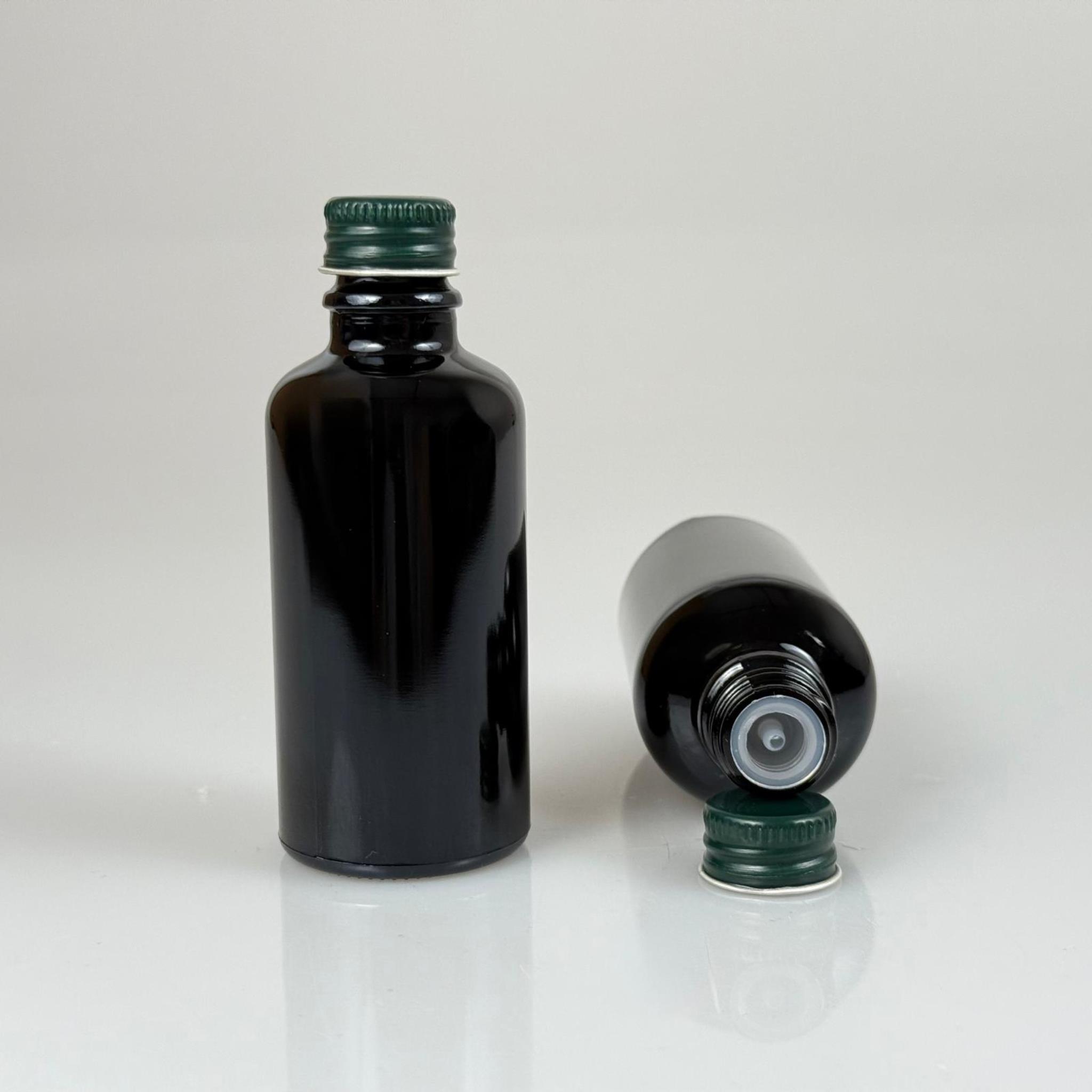 50 CC SİYAH İÇTEN DAMLALIKLI - YEŞİL METAL KAPAKLI CAM ŞİŞE - 50 ML KOLONYA TIPALI CAM ŞİŞE