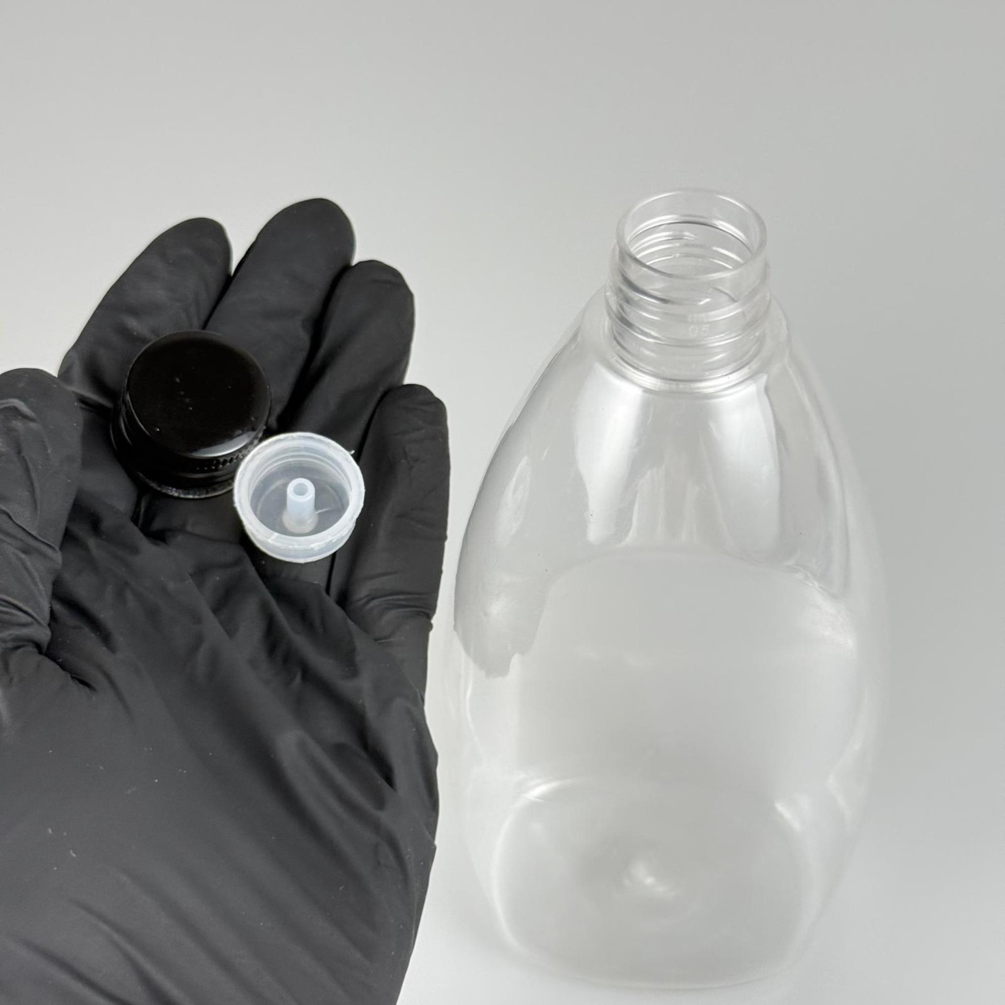 400 CC YASSI PET SIVI SABUN ŞİŞESİ (AĞIZ ÇAPI 24 MM) + KÖPÜK CONTALI SİYAH METAL ALÜMİNYUM KAPAKLI + KOLONYA TIPALI TAKIM - 400 ML KAPAKLI PLASTİK ŞİŞELER