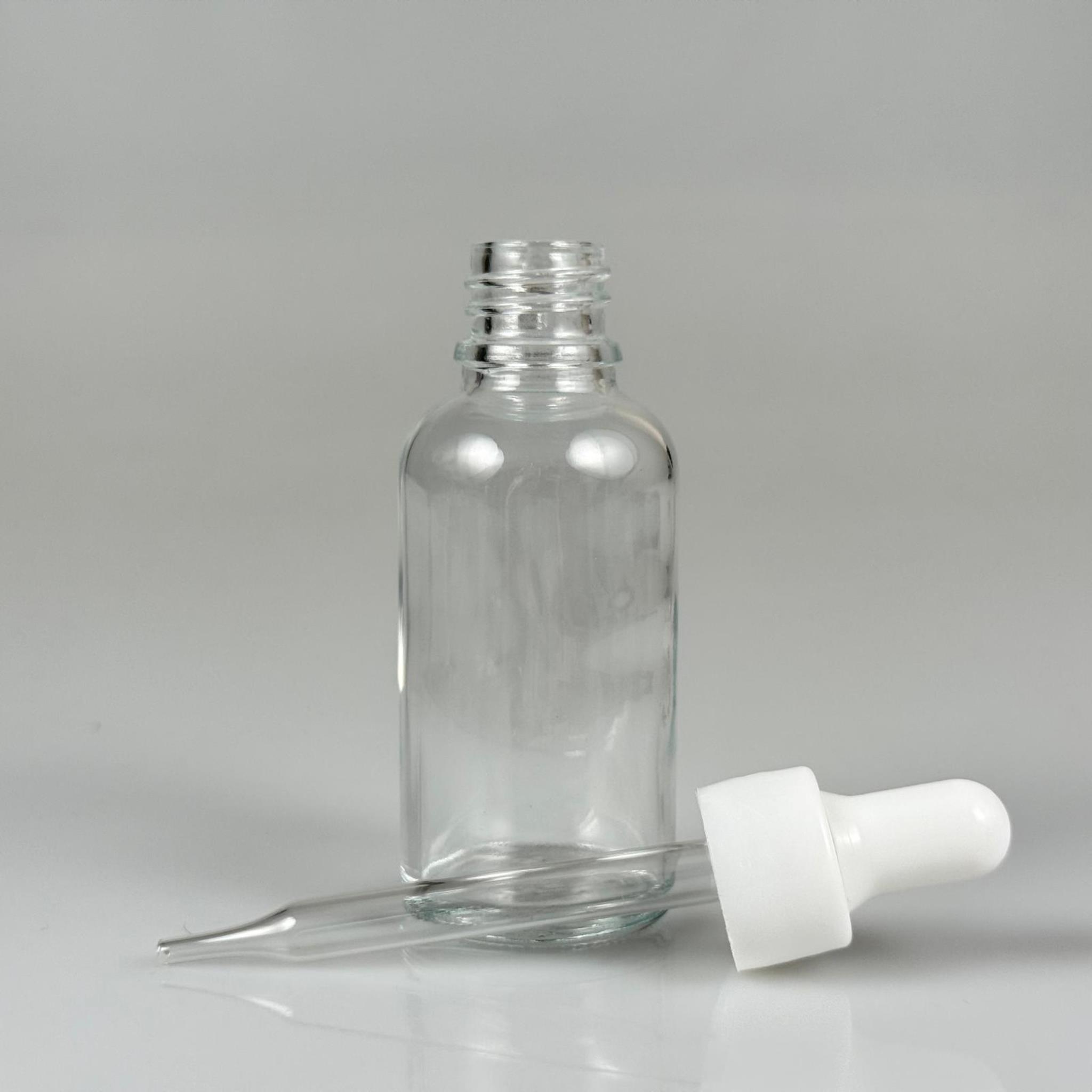 30 CC ŞEFFAF İNCE UÇLU CAM DAMLALIKLI ŞİŞE - BEYAZ EMZİK + BEYAZ DÜZ KAPAK + CAM PİPET TAKIM - 30 ML ŞEFFAF DAMLALIKLI ŞİŞE SETİ