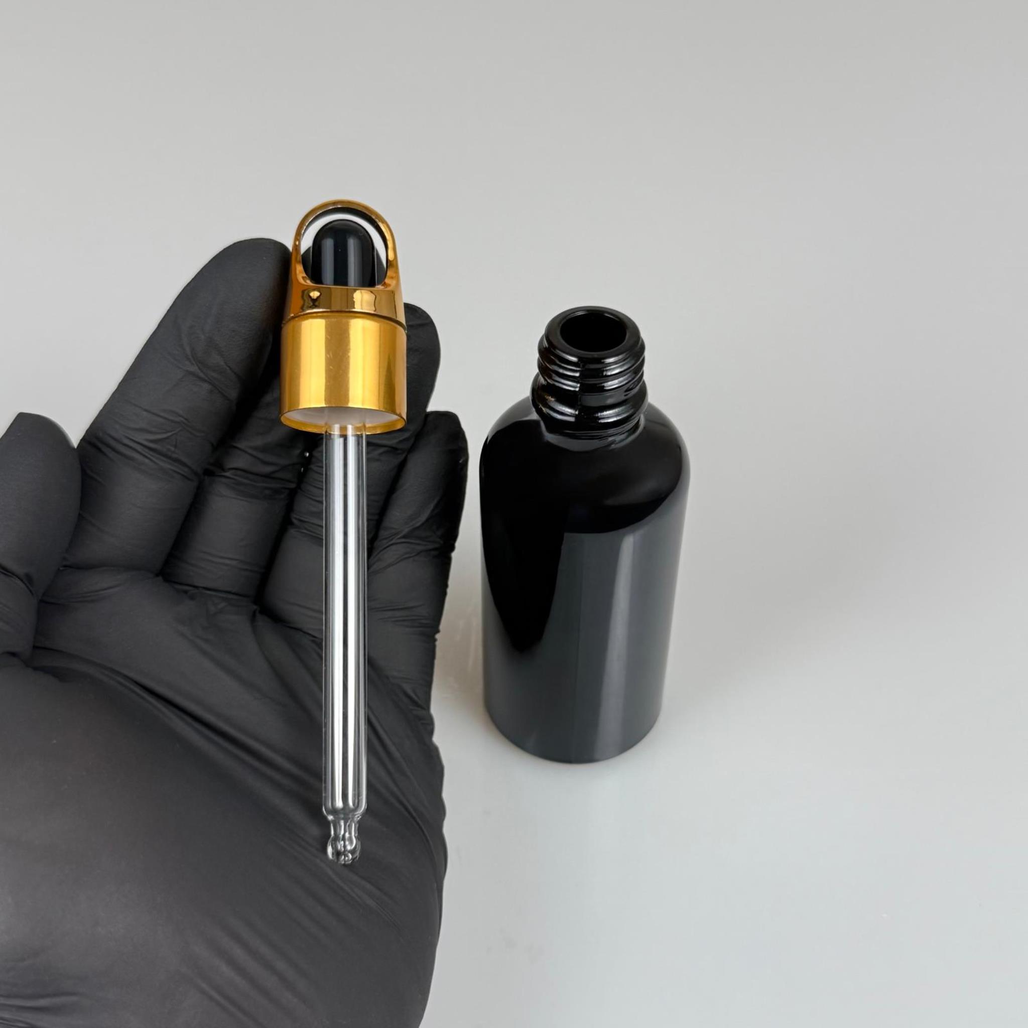 50 CC SİYAH CAM DAMLALIKLI ŞİŞE - SİYAH EMZİK - GOLD FLOWER SEPET MODEL METALİK KAPAK - 50 ML CAM DAMLALIKLI ŞİŞE