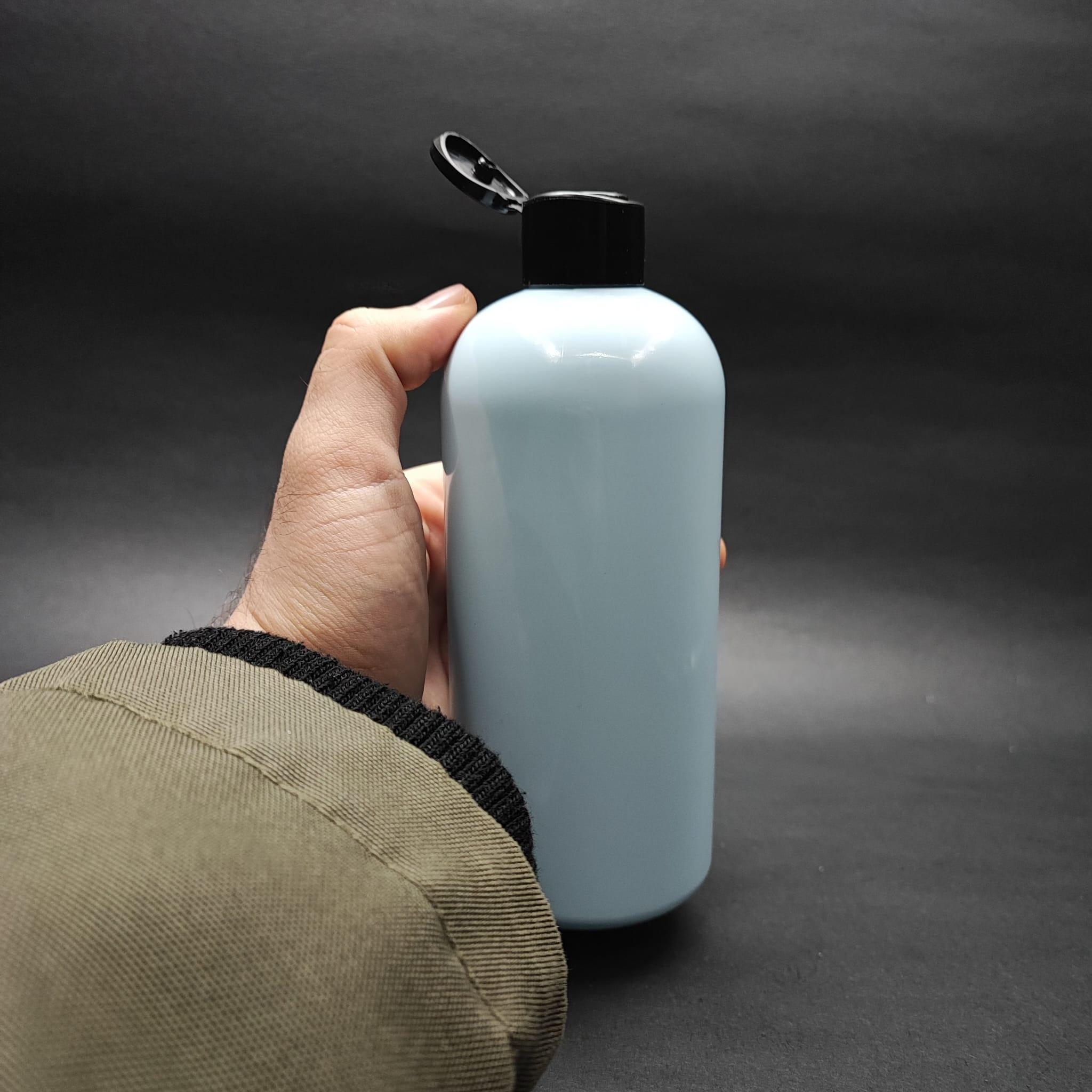 400 CC OVAL BOYUNLU SİLİNDİR PET ŞİŞE (30 GR) - SİYAH FARMASİ MODEL FLİPTOP ŞAMPUAN KAPAKLI - 400 ML PLASTİK ŞİŞE - BEBEK MAVİSİ