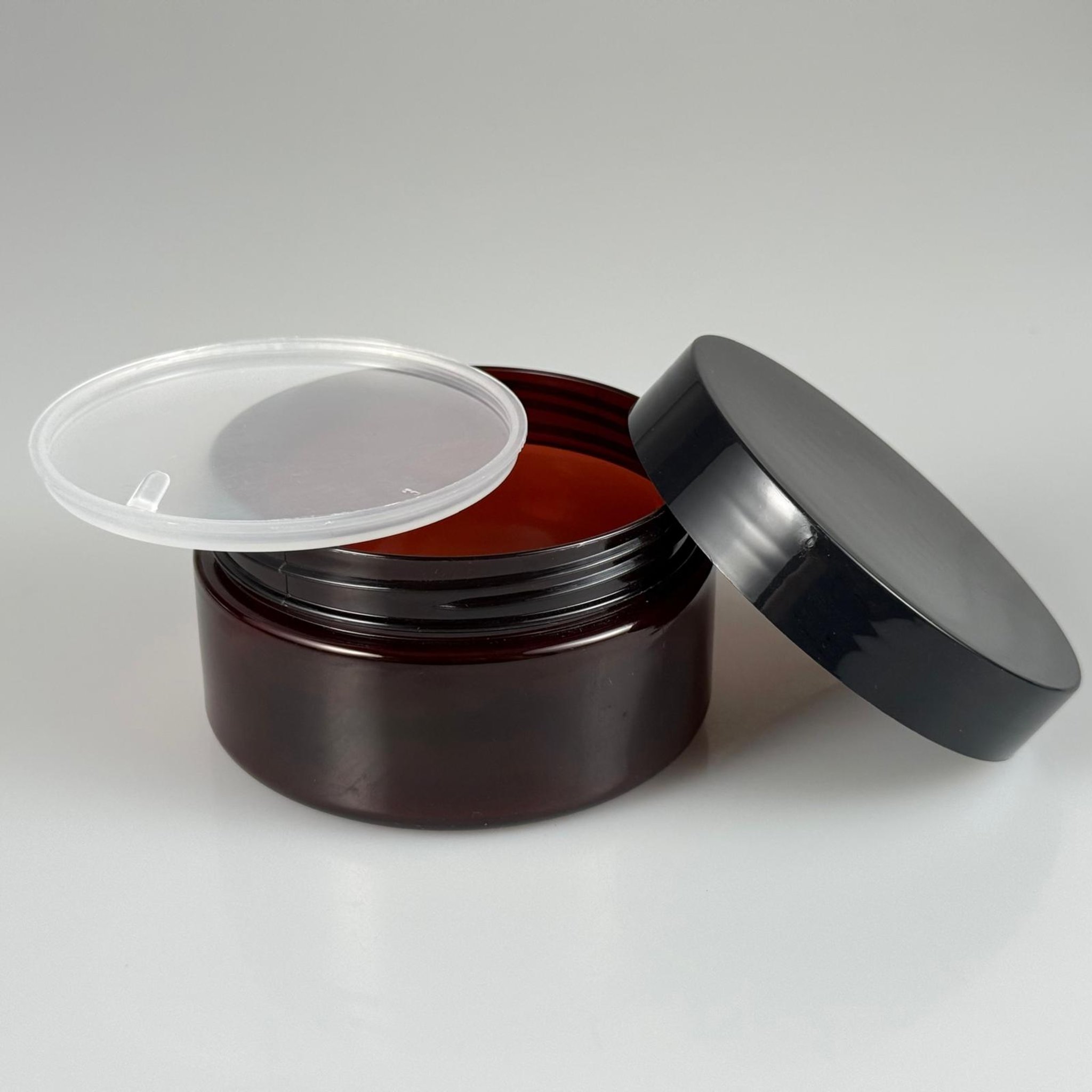 200 CC SERT PLASTİK AMBER KAVANOZ + SİYAH KAPAKLI + İÇ TIPALI TAKIM  - 200 ML KAHVERENGİ KAVANOZ