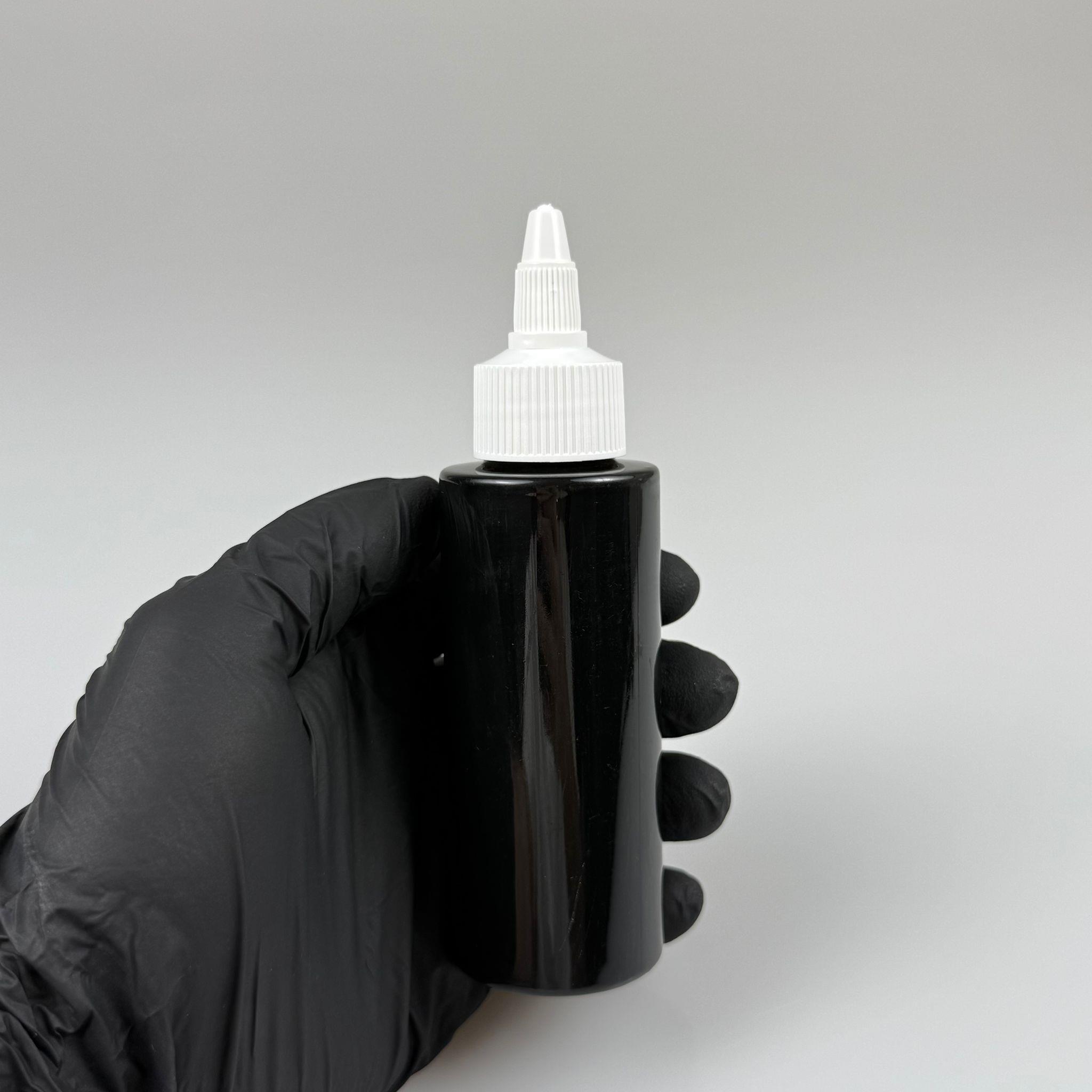 YAĞ, SOS, ACI SOS, SİRKE, SRIRACHA, MÜREKKEP, TUTKAL AKITICI VB BOŞ ŞİŞELERİ - BEYAZ SİVRİ TWİST AKITICI KAPAK + 100 ML KÜT SİYAH SERT PET PLASTİK ŞİŞE TAKIM