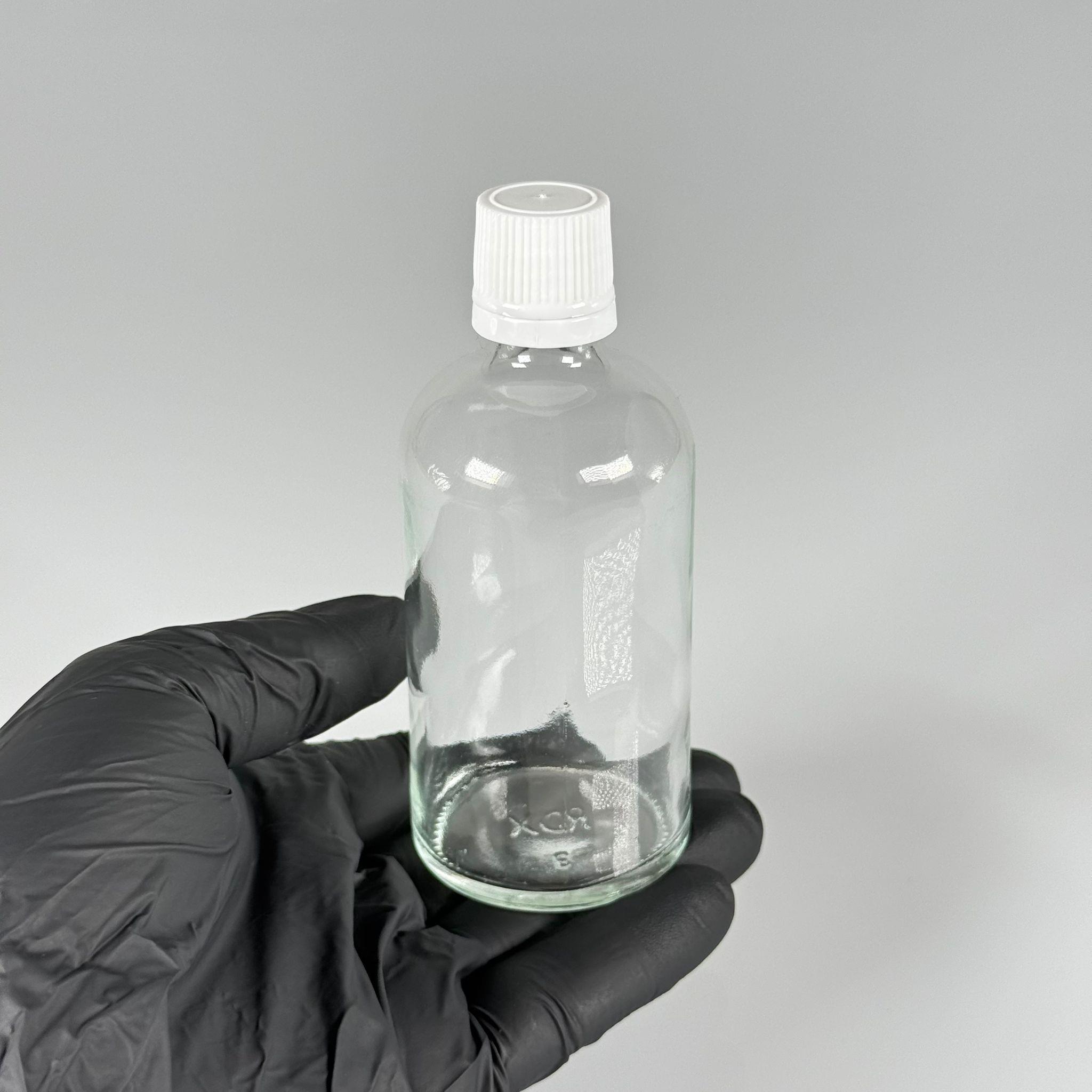 100 CC CAM ŞEFFAF KİLİTLİ, KENDİNDEN CONTALI BEYAZ KAPAKLI - 100 ML DAR AĞIZLI İLAÇ ŞİŞESİ