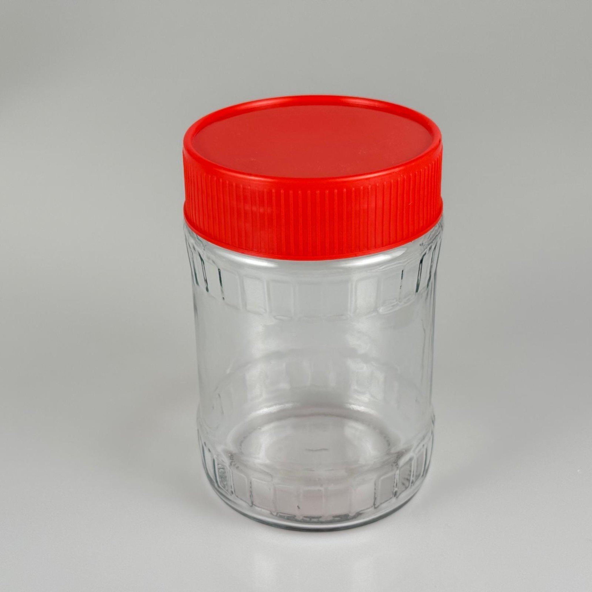 580 CC FASİT CAM KAVANOZ - KIRMIZI PLASTİK KAPAKLI - 580 ML FACET CAM KAVANOZ