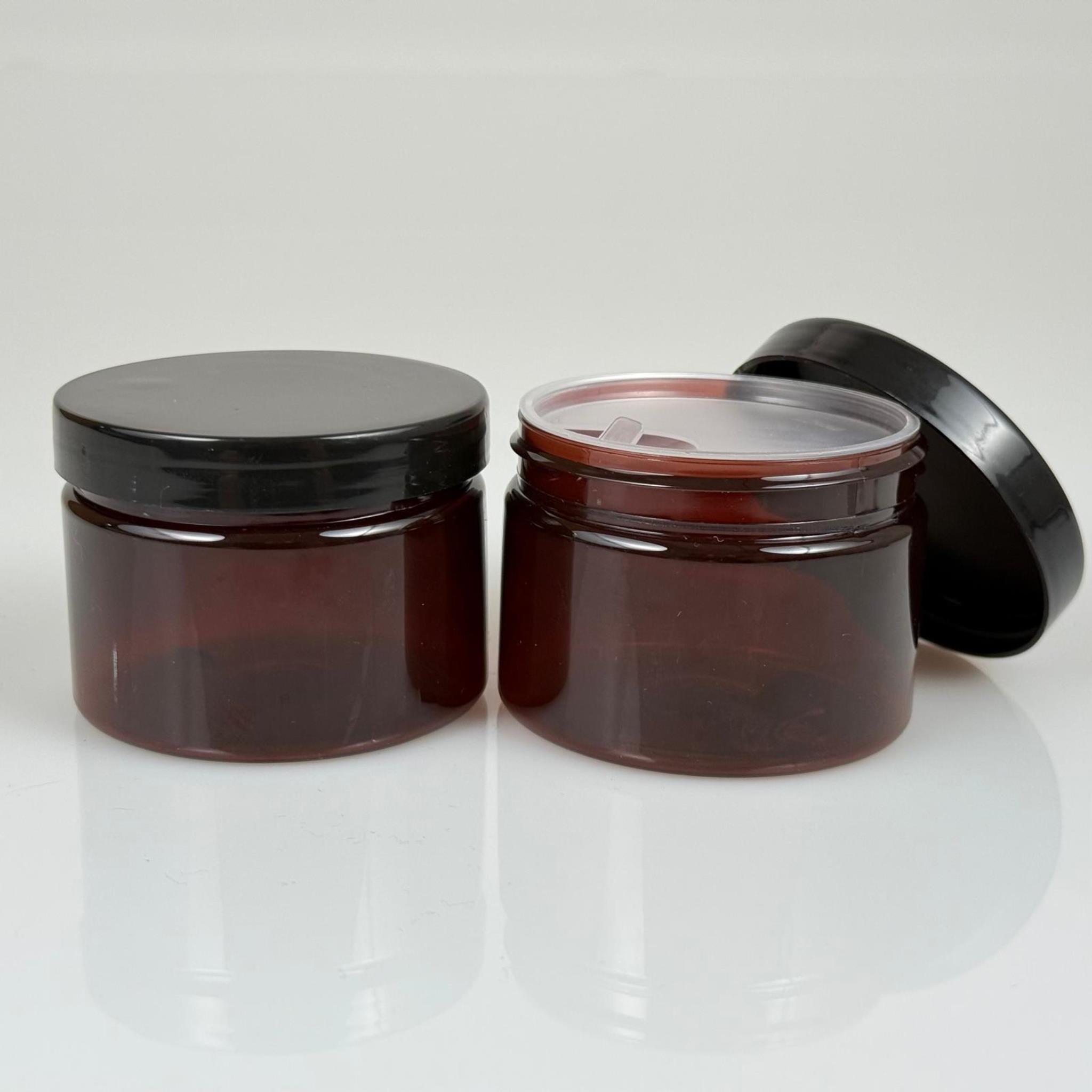 150 ML SERT PET KAVANOZ + SİYAH PLASTİK KAPAK + İÇ TIPA - 150 CC KALIN AMBER PLASTİK KAVANOZ SİYAH PLASTİK KAPAKLI İÇ TIPALI TAKIM - KREM KAVANOZLARI