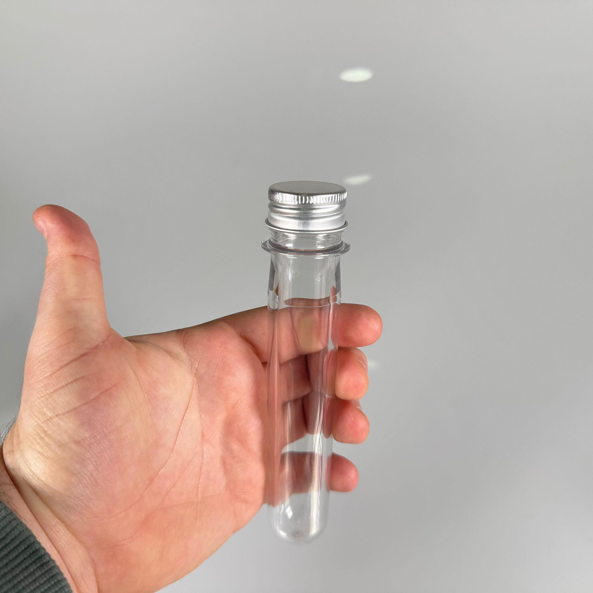 16 CM TÜP - 45 CC UZUN KALIN (51 GR) PET ŞİŞE  - CONTALI METAL GÜMÜŞ ALÜMİNYUM KAPAKLI  - VANİLYA ÇUBUĞU, BAHARAT, DENEY TÜPÜ, AYAKKABI BAĞCIĞI VB İÇİN PLASTİK TÜP