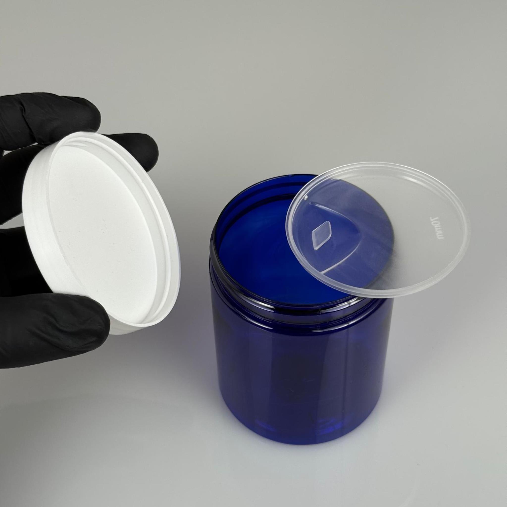 300 ML SERT PET KAVANOZ + BEYAZ PLASTİK KAPAK + İÇ TIPA - 300 CC KALIN MAVİ PLASTİK KAVANOZ BEYAZ PLASTİK KAPAKLI İÇ TIPALI TAKIM - KREM KAVANOZLARI