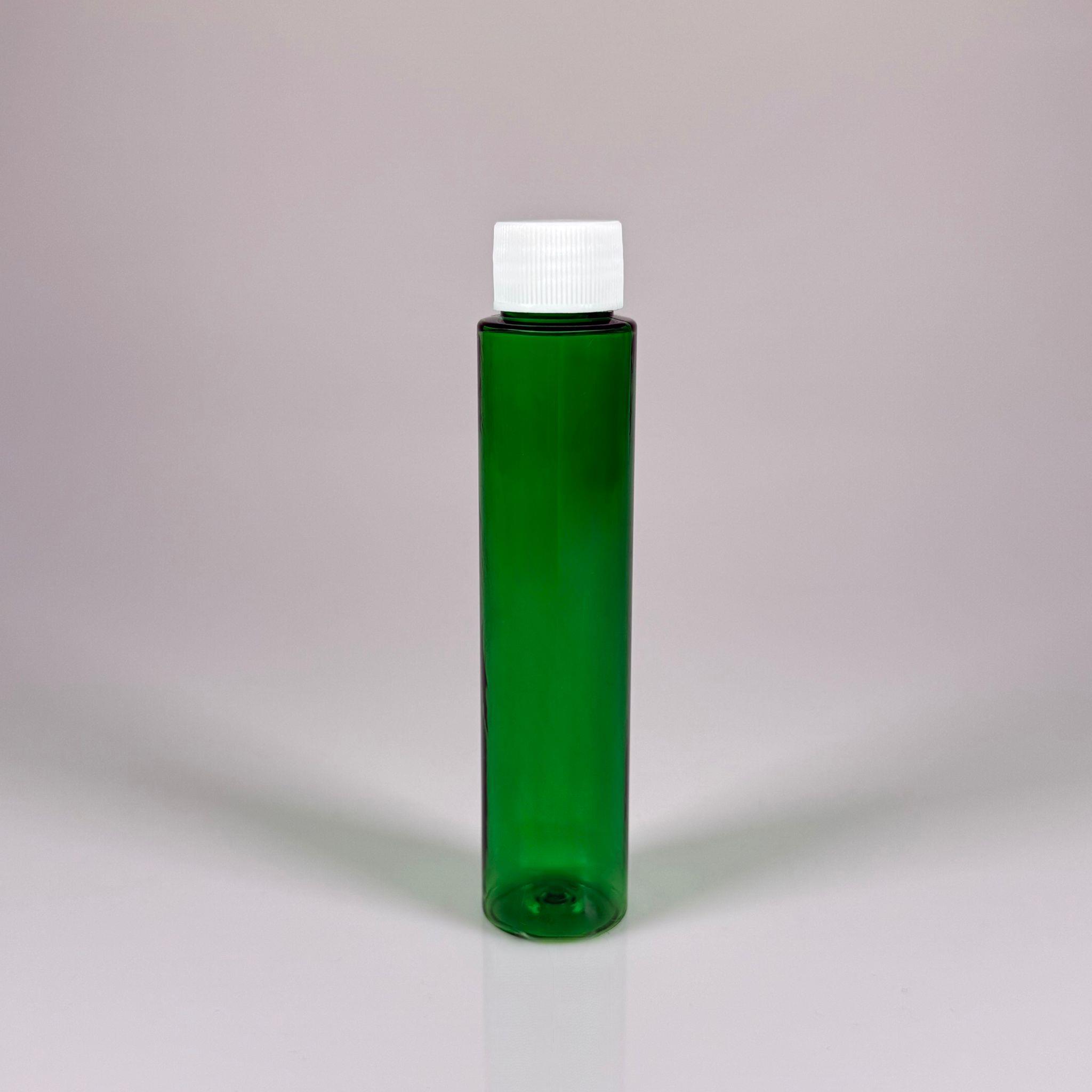 100 CC UZUN SİLİNDİR YEŞİL PET ŞİŞE (24 GR)  - CONTALI BEYAZ KAPAKLI - 100 ML BİBERİYE SUYU, LAVANTA YAĞI, SAÇ SERUM, TONİK VB İÇİN PLASTİK KOZMETİK AMBALAJLARI