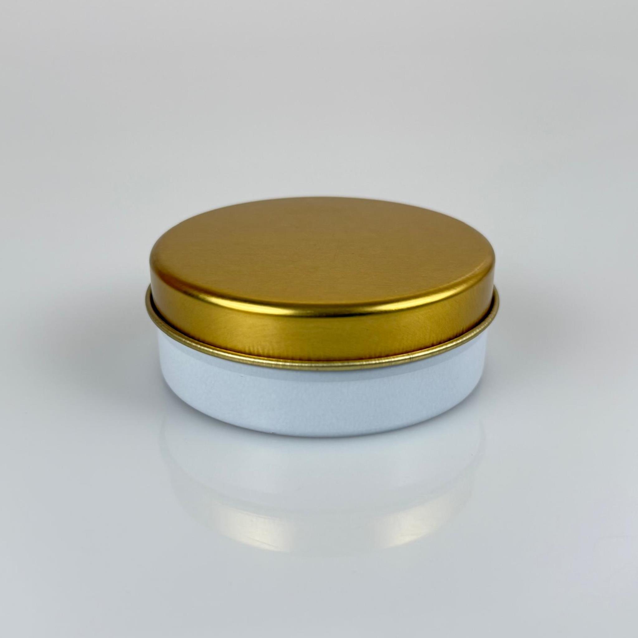 100 CC TENEKE KUTU - BEYAZ - GOLD KAPAKLI - METAL AMBALAJ - MUM TENEKESİ 77 X 28 MM