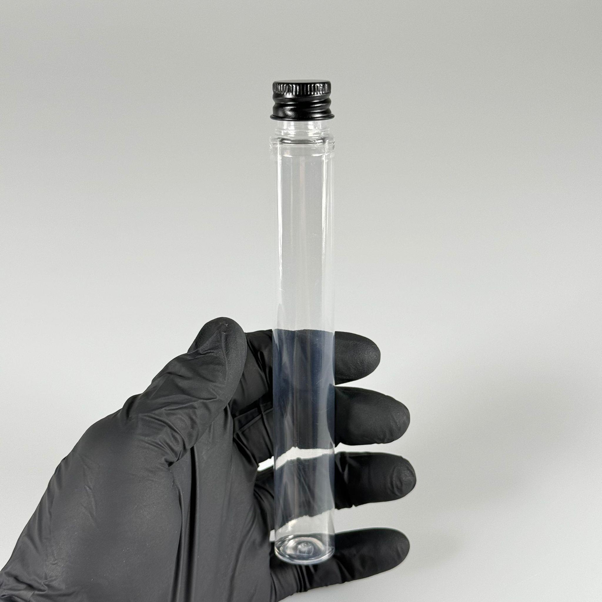 16 CM TÜP - 45 CC UZUN İNCE PET ŞİŞE - CONTALI SİYAH METAL KAPAKLI  - VANİLYA ÇUBUĞU, BAHARAT, DENEY TÜPÜ VB İÇİN PLASTİK TÜP