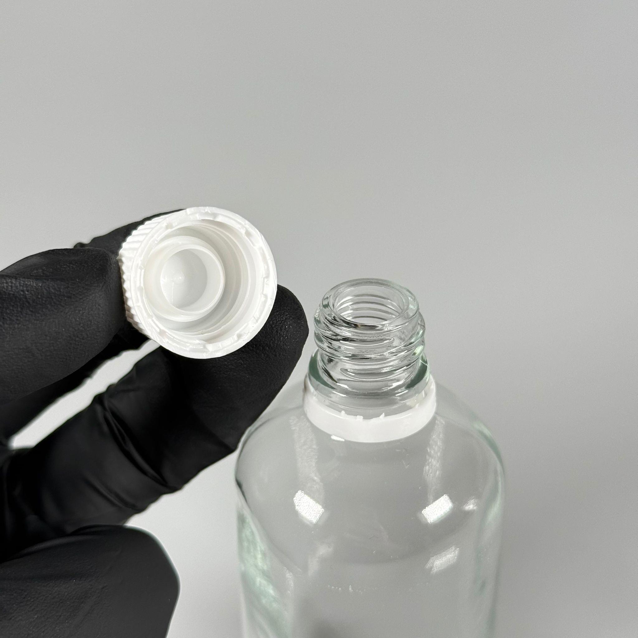 100 CC CAM ŞEFFAF KİLİTLİ, KENDİNDEN CONTALI BEYAZ KAPAKLI - 100 ML DAR AĞIZLI İLAÇ ŞİŞESİ