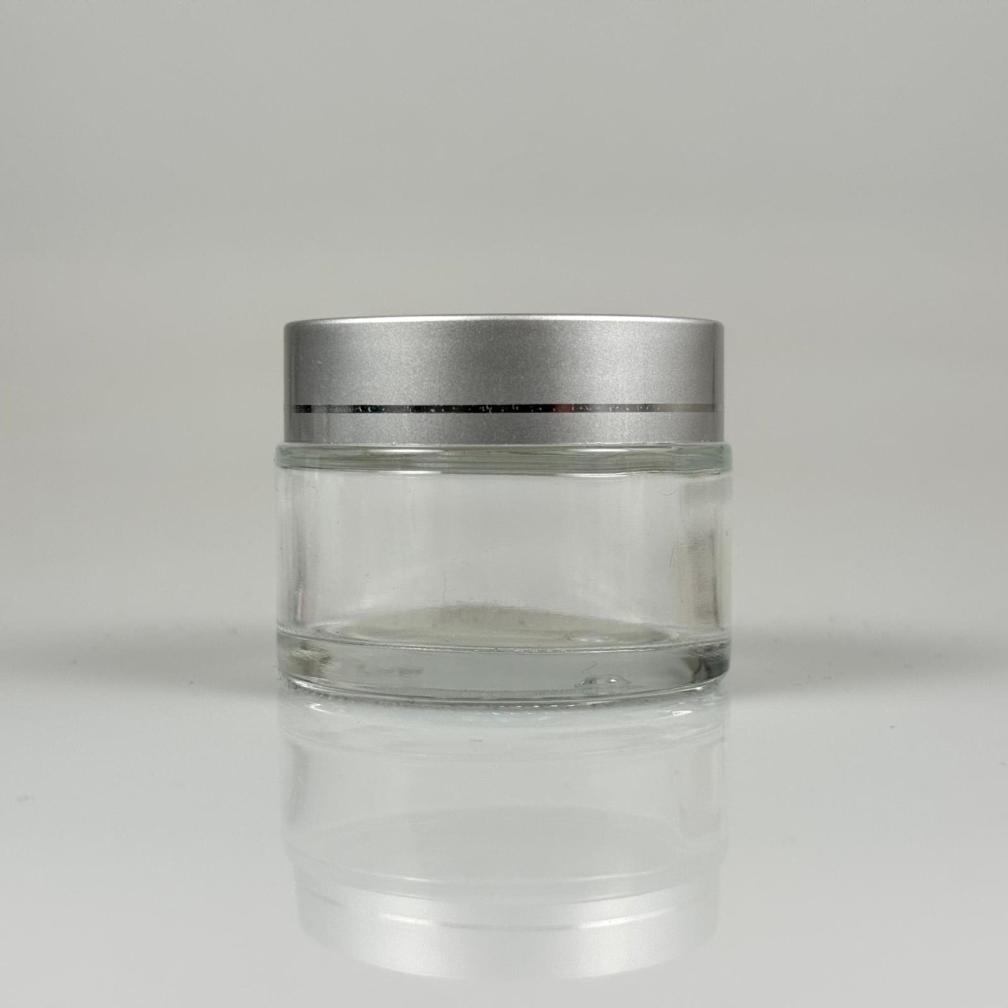 50 CC ŞEFFAF CAM KREM KAVANOZU + YALDIZLI GÜMÜŞ KAPAK + İÇ TIPA - 50 ML Kozmetik ve Bakım Ürünleri İçin Cam Kavanozları