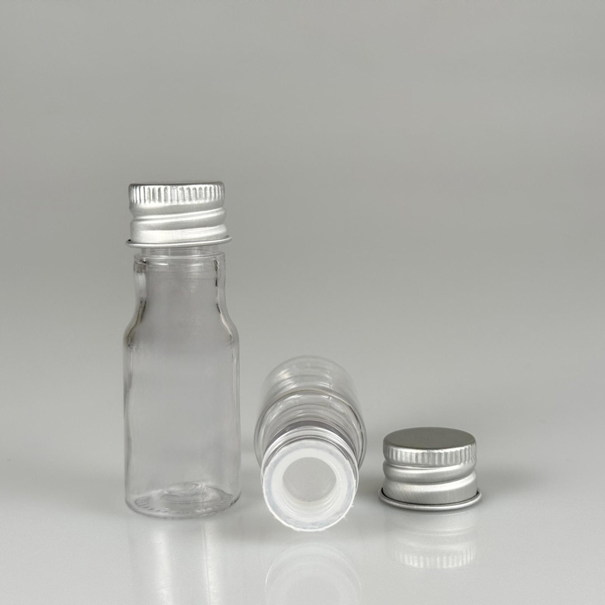 10 CC ŞEFFAF PET ŞİŞE + KÖPÜK CONTALI GÜMÜŞ ALÜMİNYUM METAL KAPAKLI + KÖR TIPALI TAKIM - 10 ML PLASTİK ŞİŞE (SİLME 15 CC)