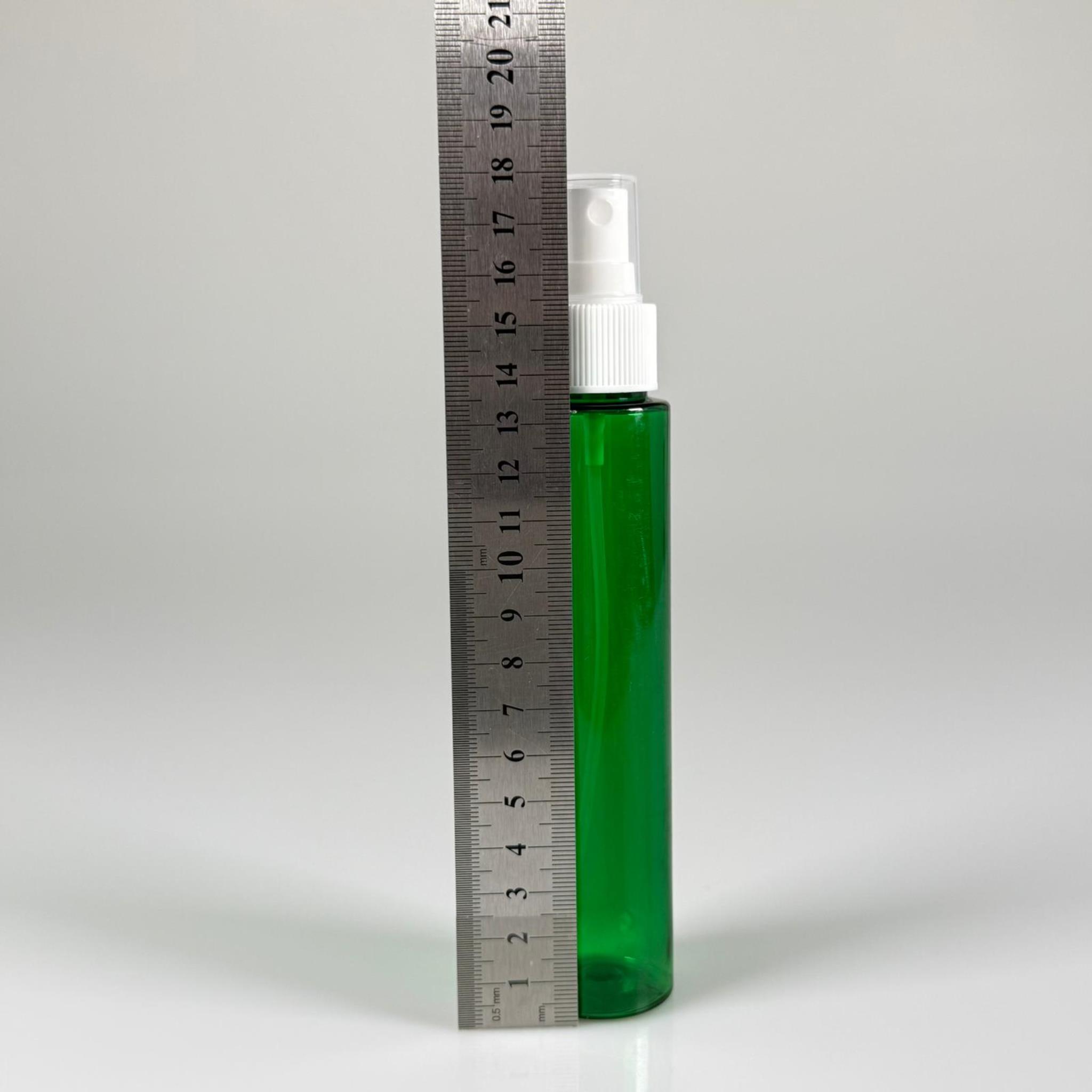 100 CC UZUN SİLİNDİR YEŞİL PET ŞİŞE (24 GR)  - BEYAZ SPREYLİ - 100 ML BİBERİYE SUYU, LAVANTA YAĞI, SAÇ SERUM, TONİK VB İÇİN PLASTİK KOZMETİK AMBALAJLARI