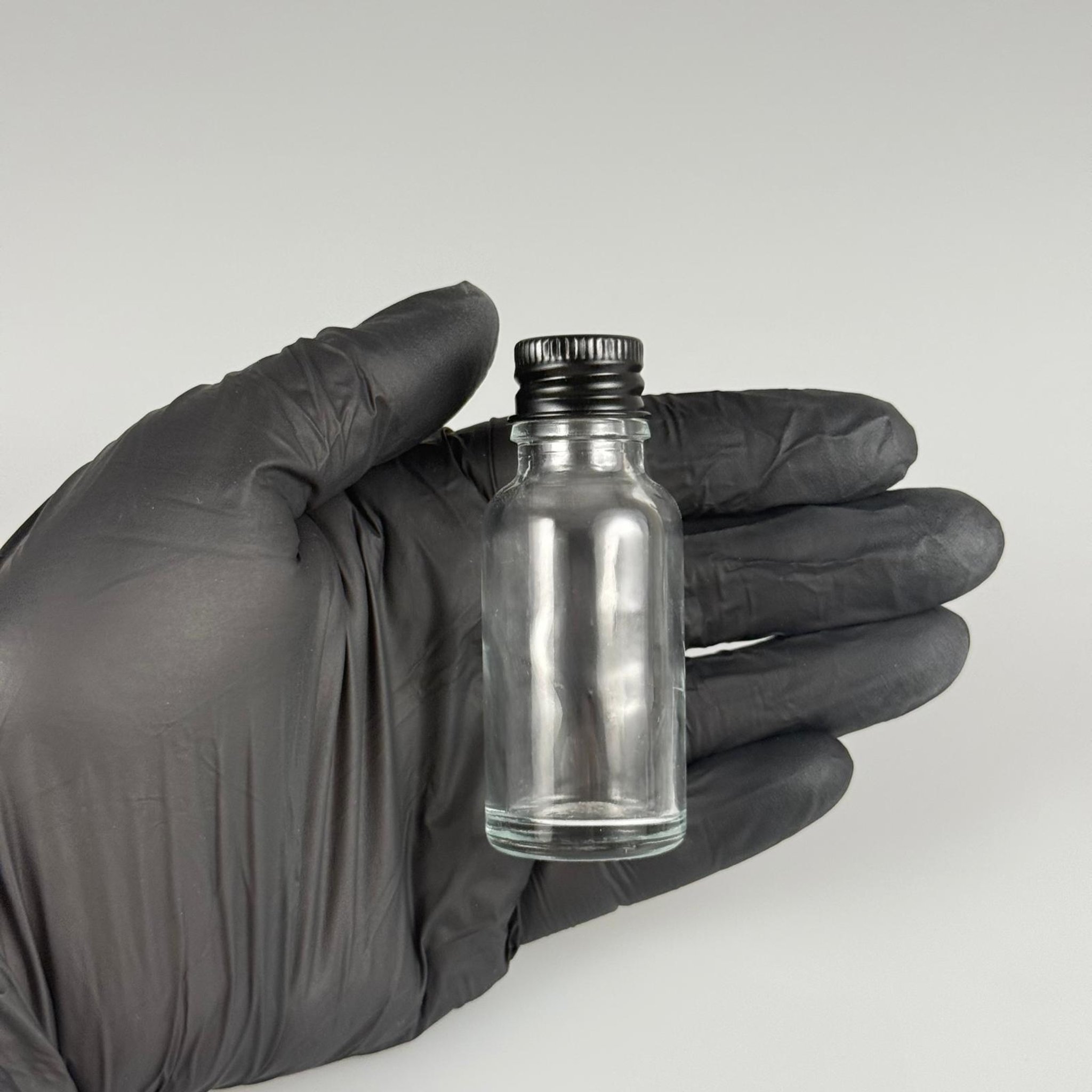 20 CC ŞEFFAF CAM ŞİŞE + KÖPÜK CONTALI SİYAH ALÜMİNYUM METAL KAPAKLI TAKIM - 20 ML ŞEFFAF CAM ŞİŞE