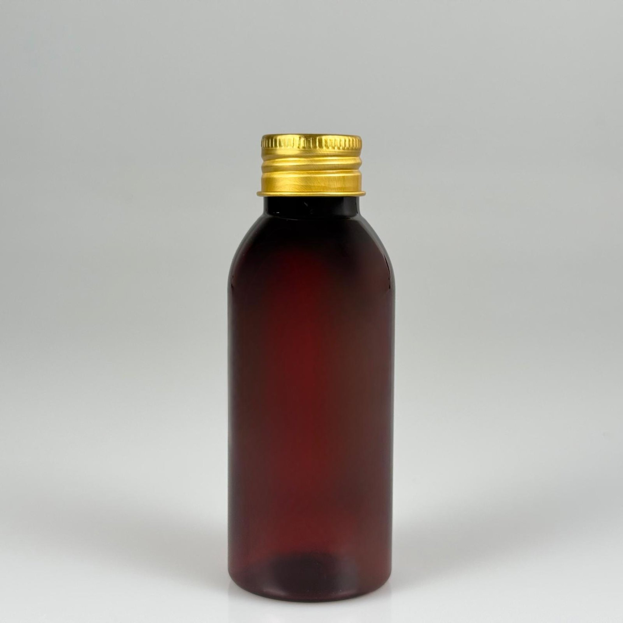 100 CC AMBER SERT MODEL PET ŞİŞE (24 AĞIZ) + KÖPÜK CONTALI GOLD METAL ALÜMİNYUM KAPAK TAKIM - 100 ML KAPAKLI KAHVERENGİ KALIN PET ŞİŞELER