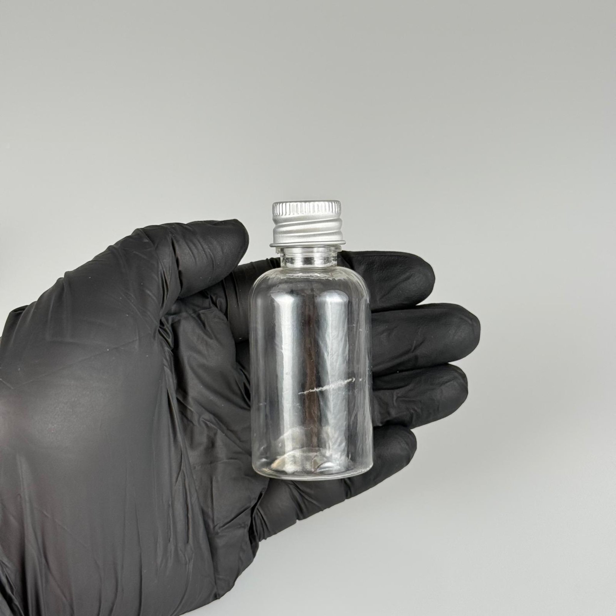 40 CC ŞEFFAF SİLİNDİR TOMBUL PET ŞİŞE + KÖPÜK CONTALI GÜMÜŞ ALÜMİNYUM METAL KAPAKLI + KÖR TIPALI TAKIM - 40 ML PLASTİK ŞİŞE