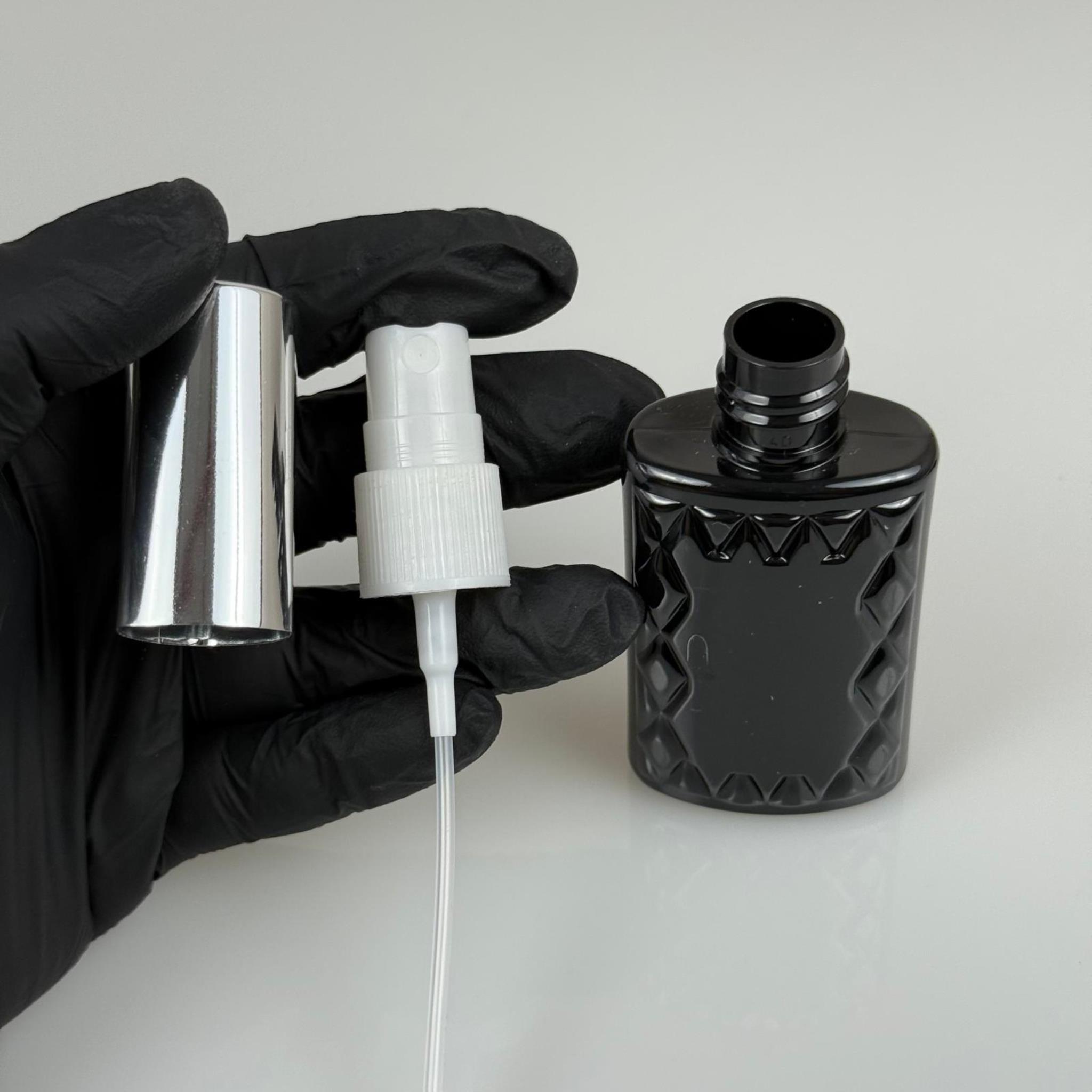 50 ML PET KOLONYA, PARFÜM VB ŞİŞELERİ - METAL ALÜMİNYUM GÜMÜŞ KAPAK + VİDALI SPREY + 50 CC KÖŞELİ SİYAH ŞİŞE SET TAKIM