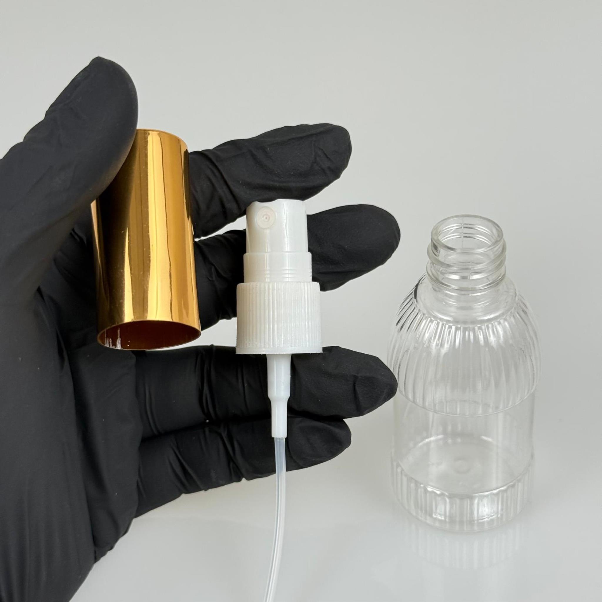 50 ML PET KOLONYA, PARFÜM VB ŞİŞELERİ - METAL ALÜMİNYUM GOLD KAPAK + VİDALI SPREY + 50 CC MANDALİNA MODEL ŞİŞE SET TAKIM